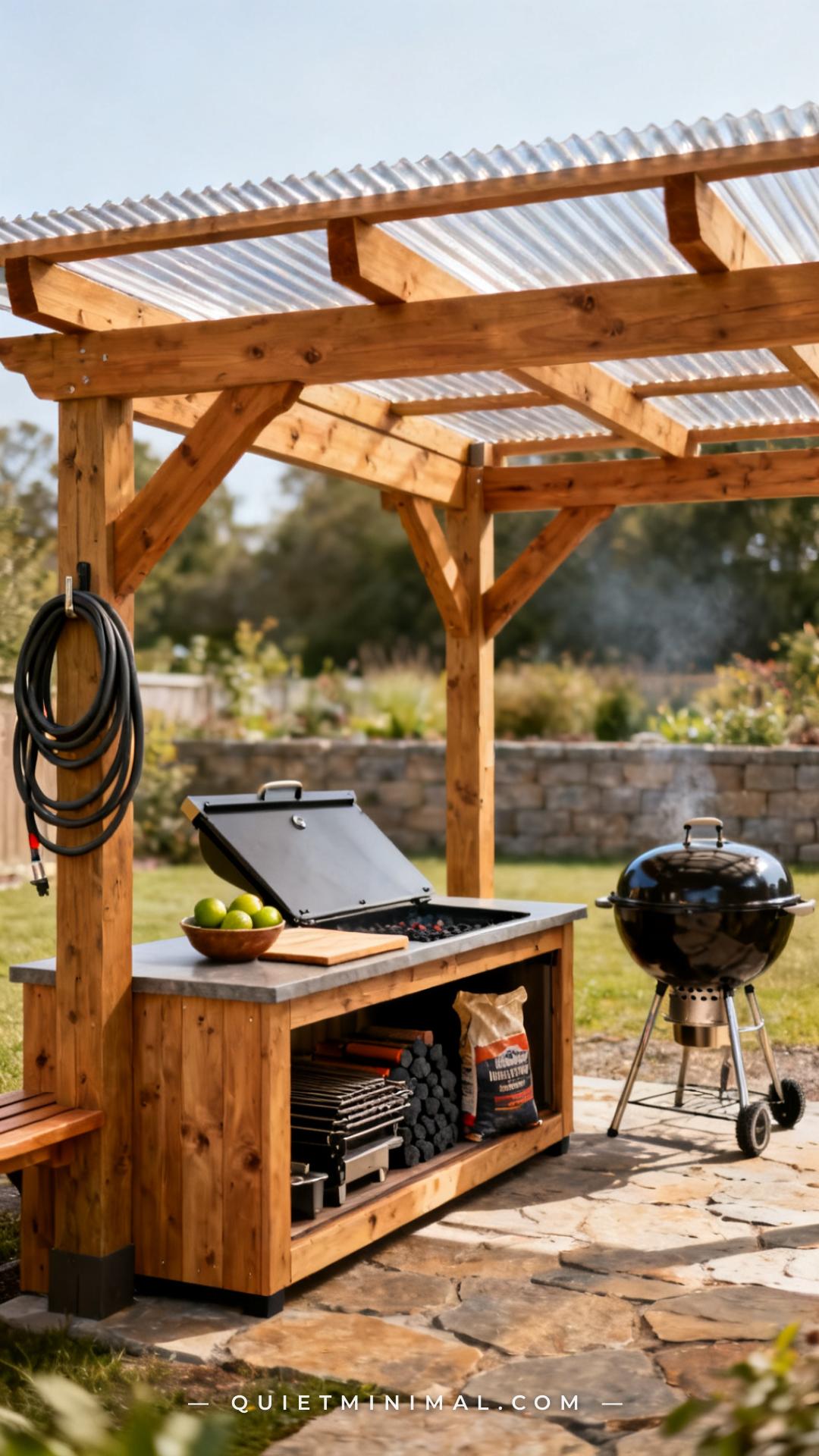 A wide establishing shot of a wooden pergola built over a large backyard patio grilling area