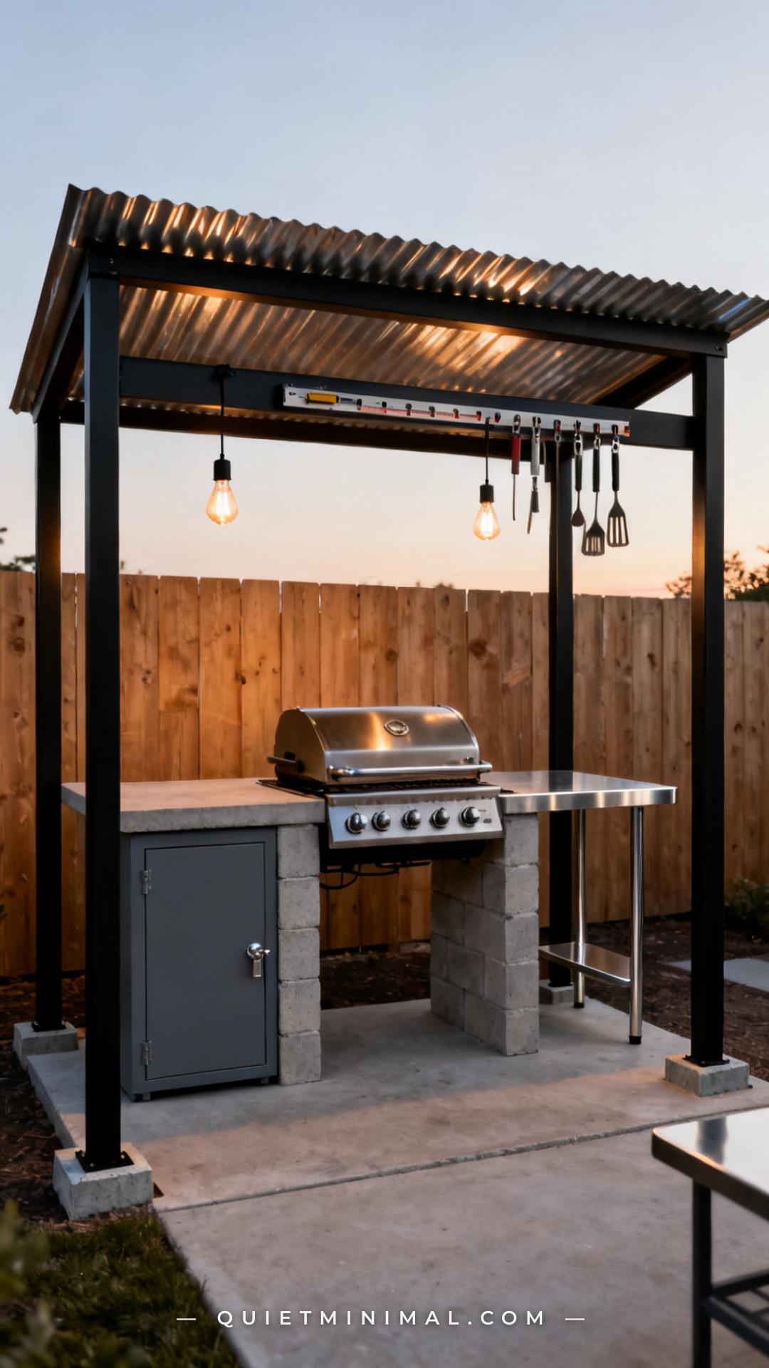 A medium-wide establishing shot of an outdoor grill station with an industrial-modern aesthetic