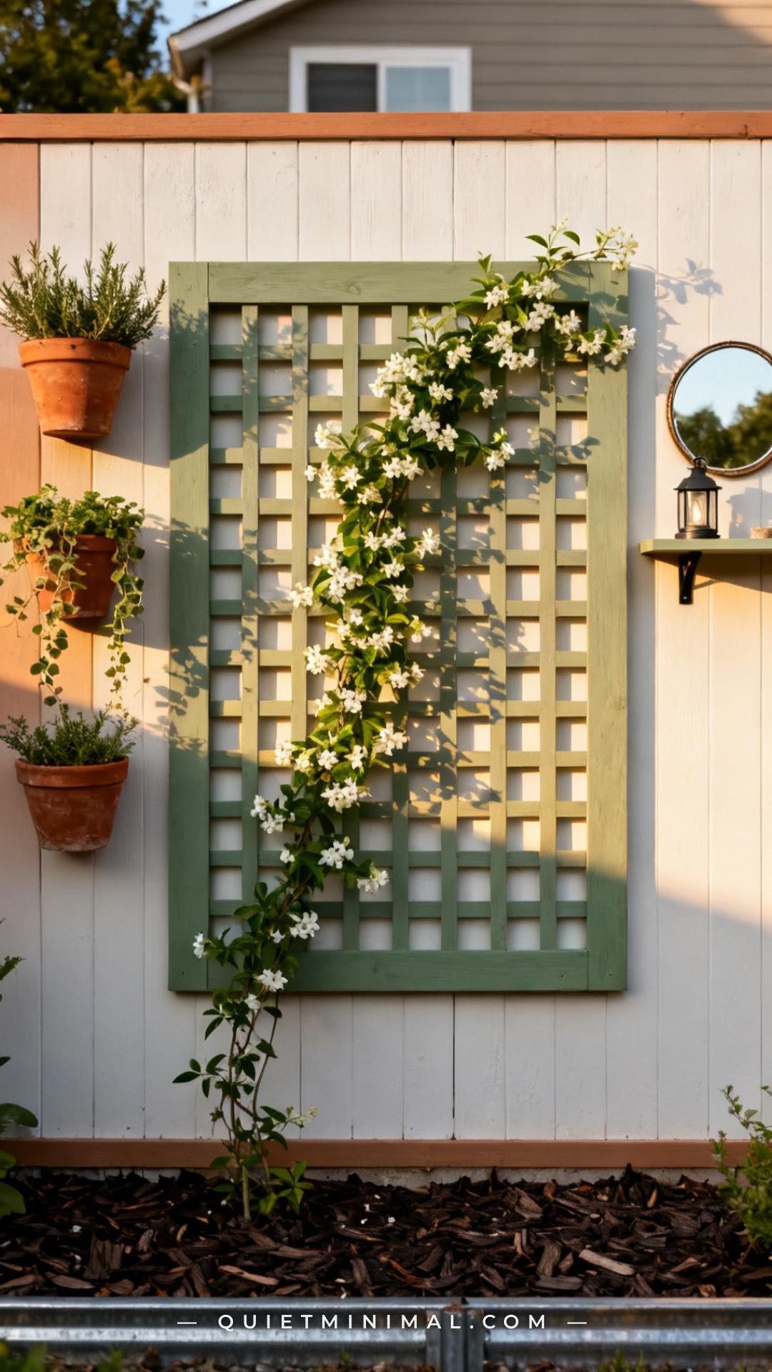 A wide vertical photograph captures a backyard fence wall where a large square wooden trellis panel is mounted directly