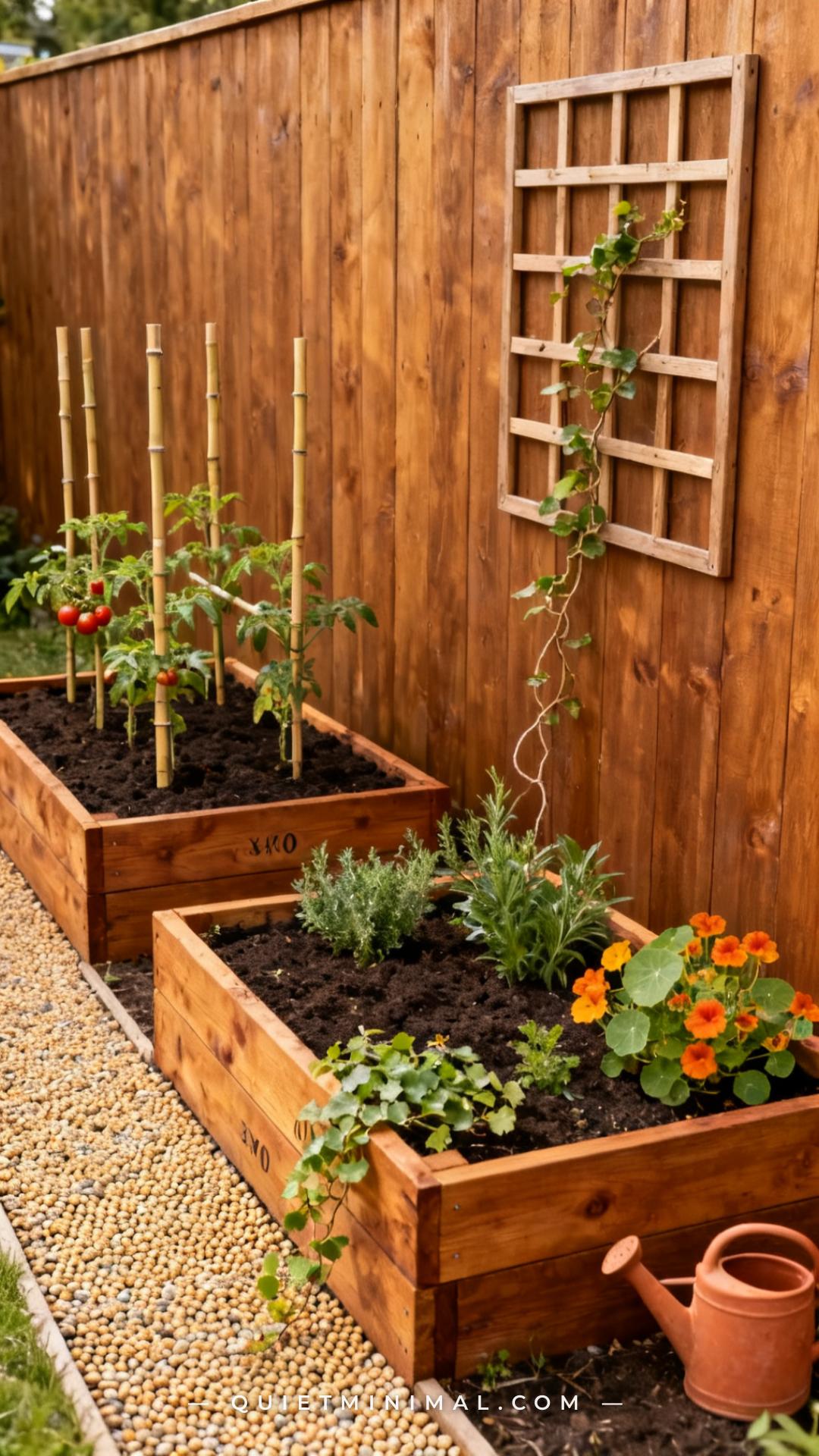 A wide vertical photograph captures a backyard garden area where two simple raised garden beds sit against a wooden priv