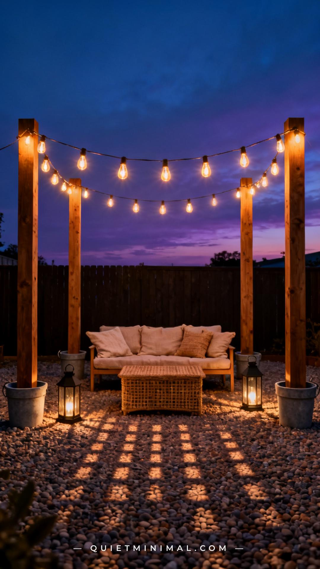 A wide vertical photograph of a backyard at dusk captures a string light installation suspended between four evenly spac