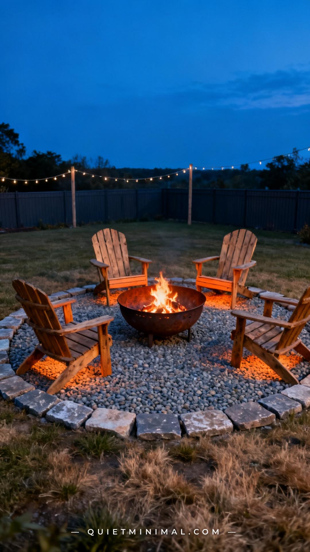 A wide vertical photograph captures a backyard fire pit zone at twilight