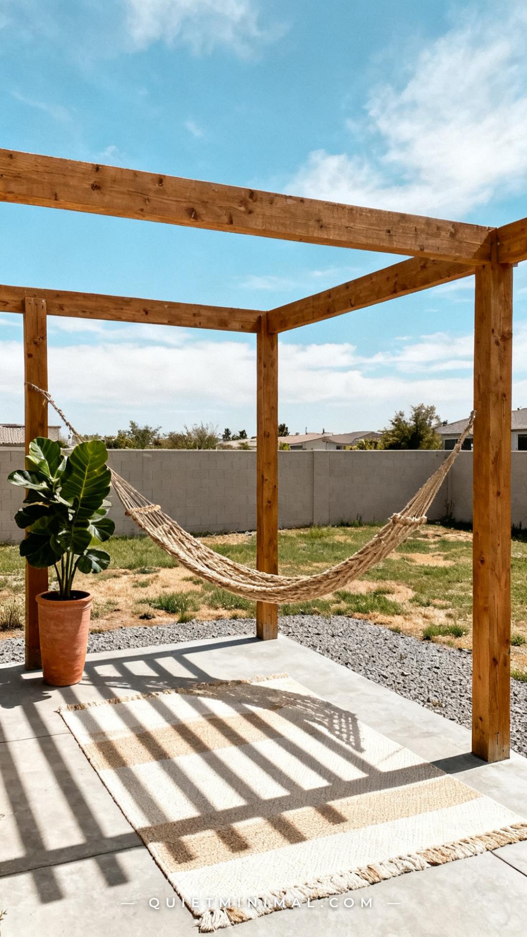 A wide vertical photograph establishes a backyard shade structure — a simple wooden pergola frame made from four 4x4 pos