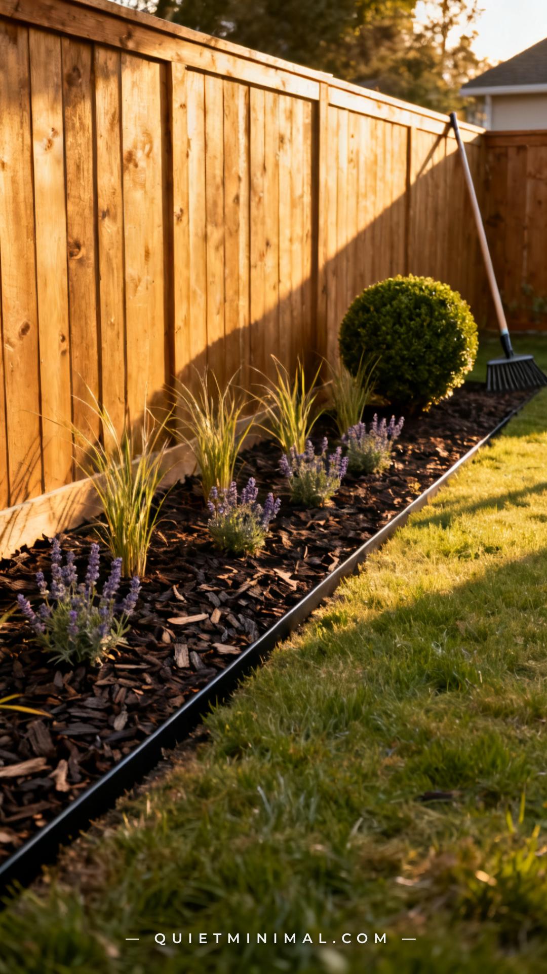 A wide vertical photograph captures the perimeter edge of a residential backyard where a simple steel landscape edging s