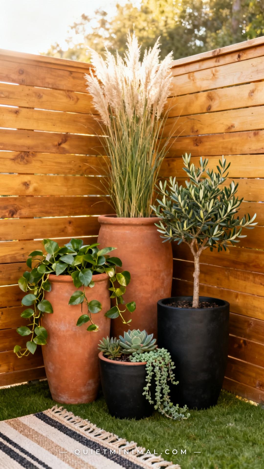 A wide vertical photograph establishes a backyard zone where four large terracotta and matte black planters of varying h