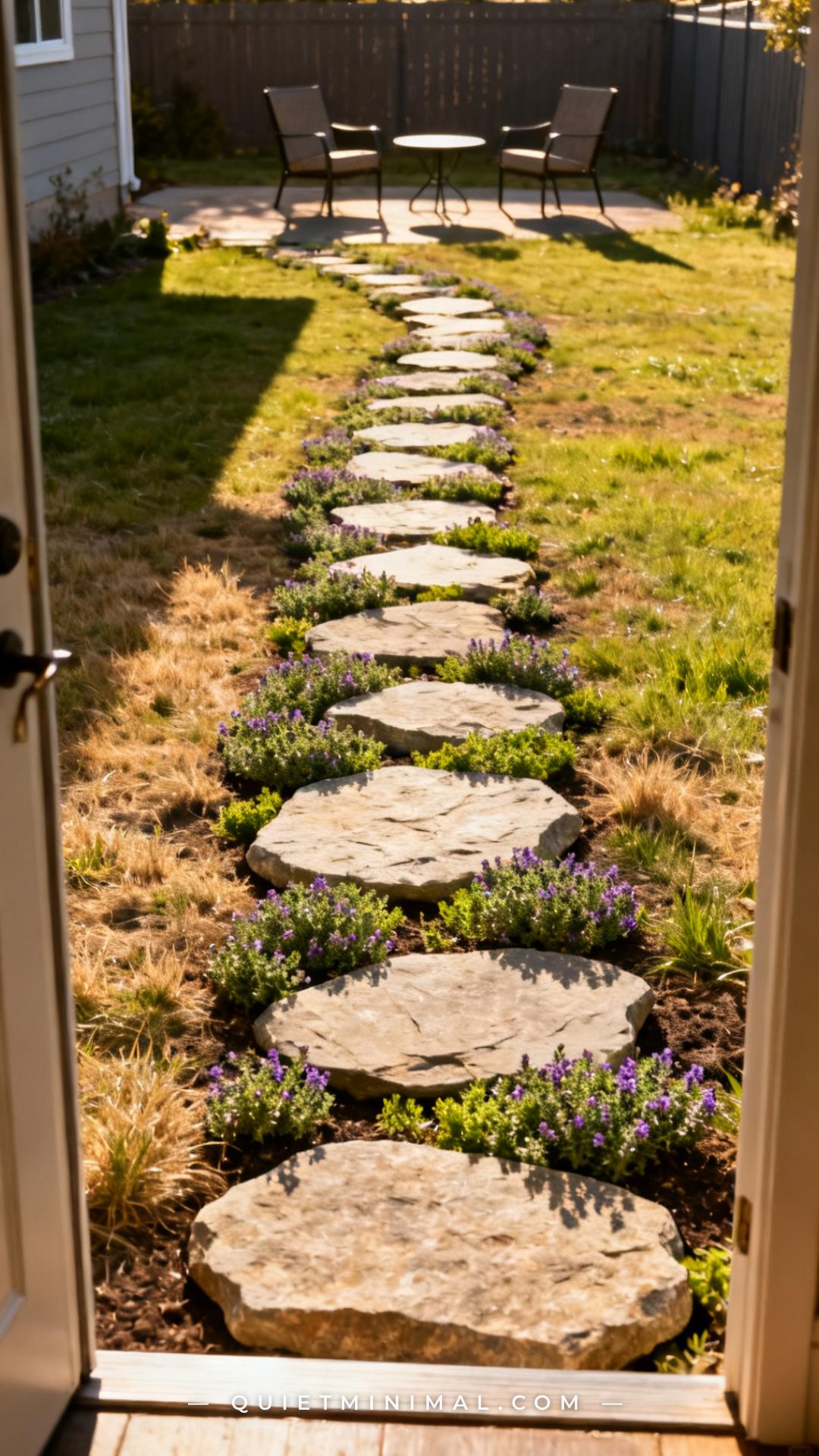 A wide vertical photograph captures a DIY stepping-stone path winding from the back door of a house across a patchy gras