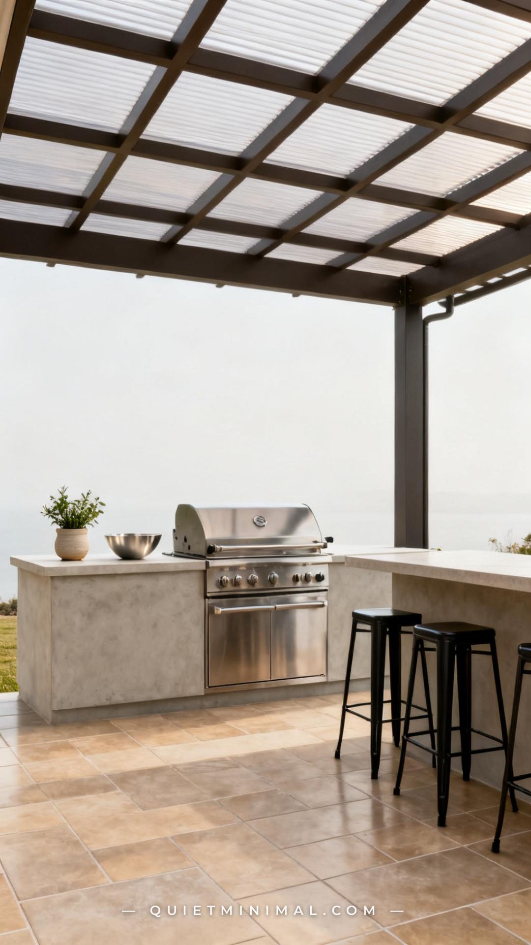 A wide-angle vertical photograph of an outdoor cooking zone showing a full pergola structure anchored directly above a b