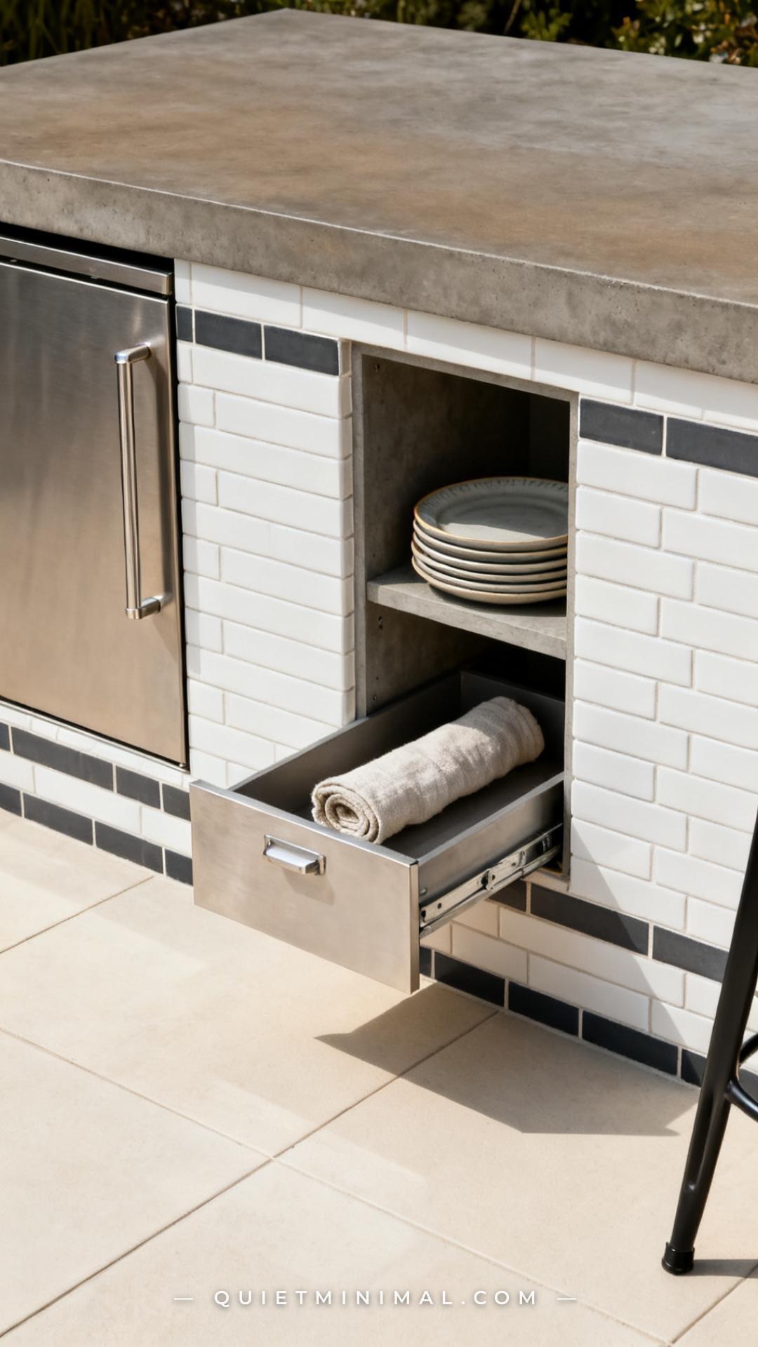 A wide vertical photograph of the base of an outdoor kitchen island showing a full run of storage — stainless cabinet do
