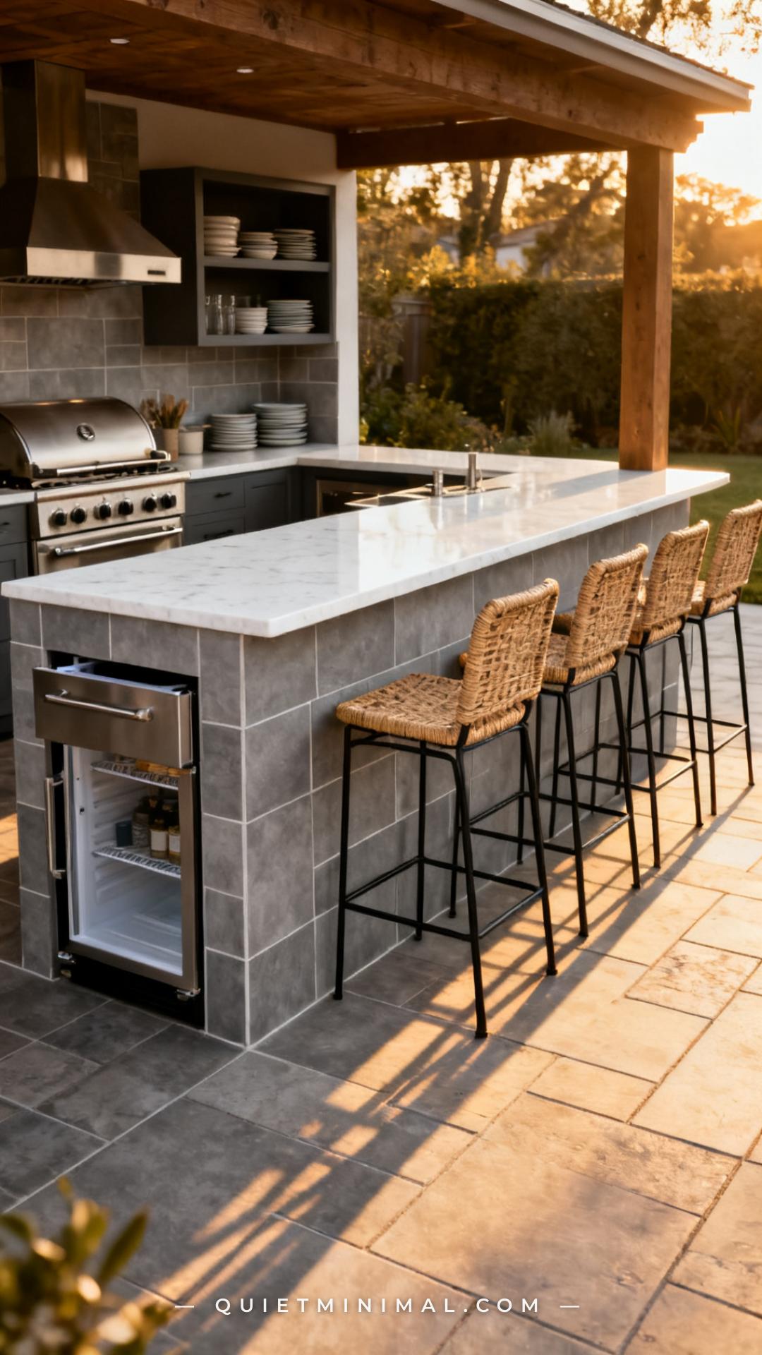 A wide establishing shot of a backyard outdoor kitchen island at bar height