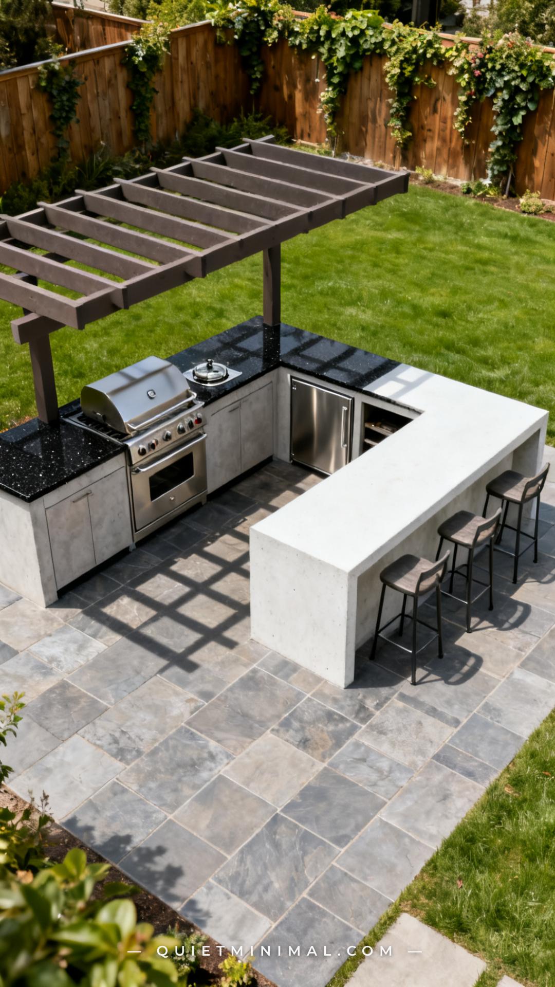 A vertical wide-angle photograph showing a full L-shaped outdoor kitchen layout from a standing perspective that capture
