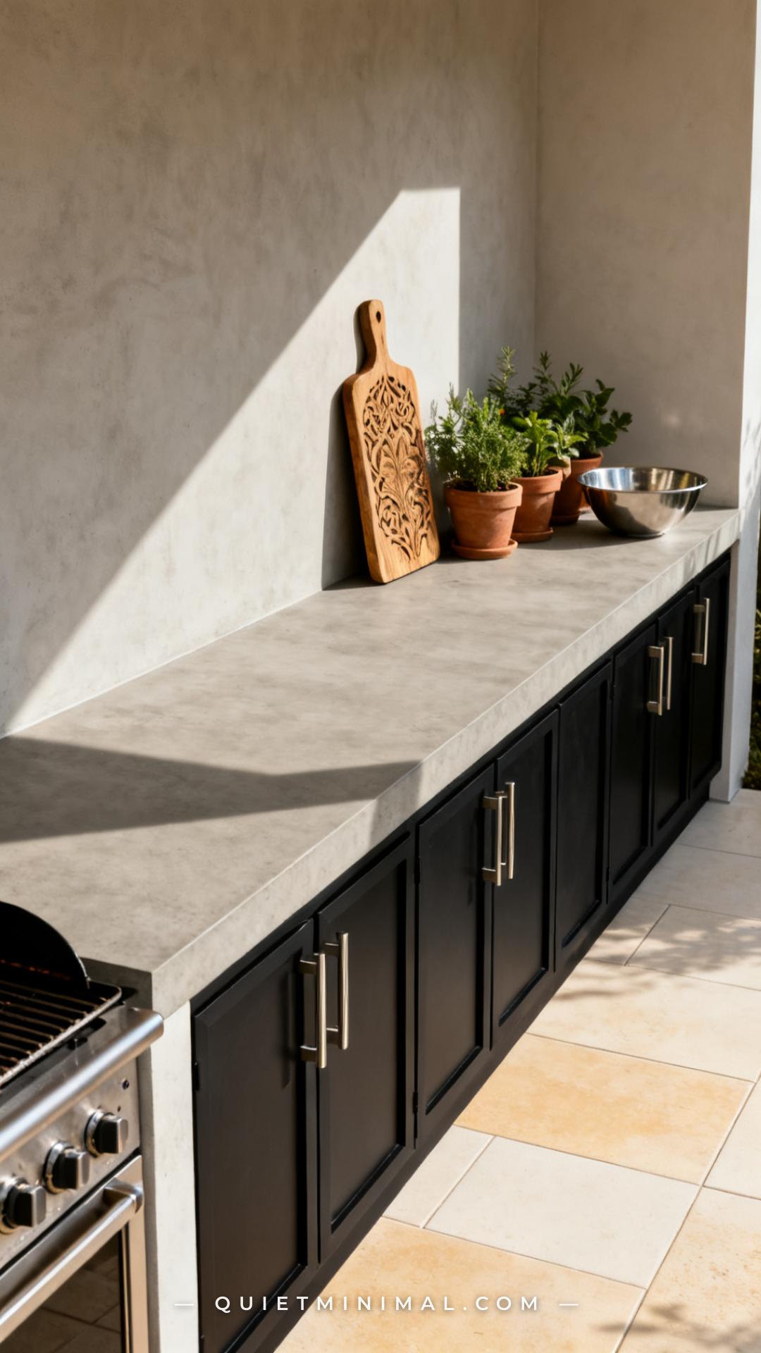 A wide vertical shot of an outdoor kitchen countertop surface showing a long expanse of matte concrete-look porcelain sl