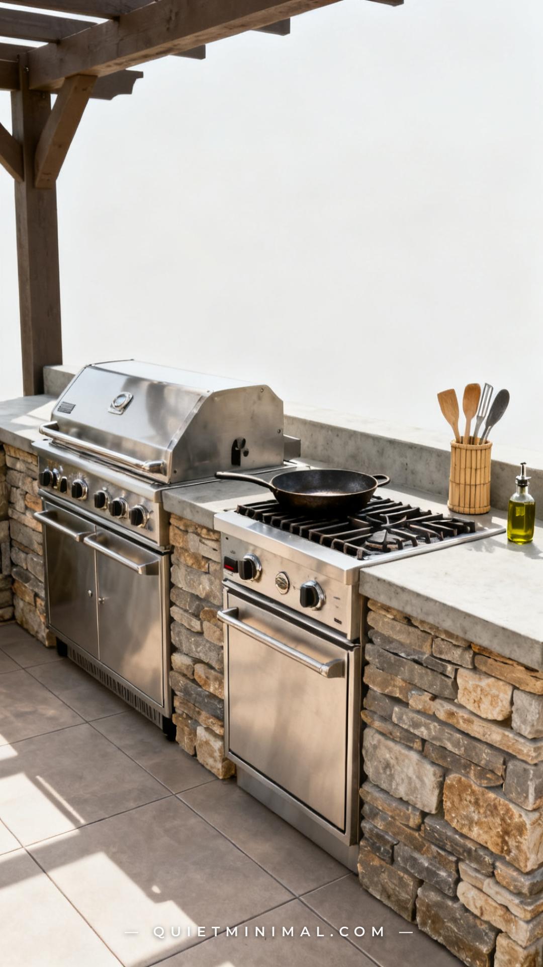 A wide vertical photograph of the cooking end of an outdoor kitchen island