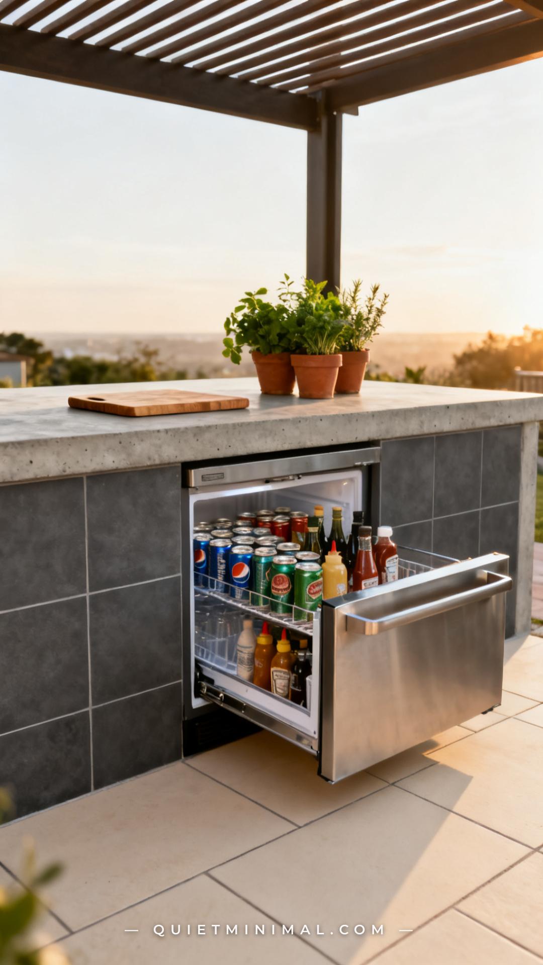 A wide vertical photograph of the storage end of an outdoor kitchen island