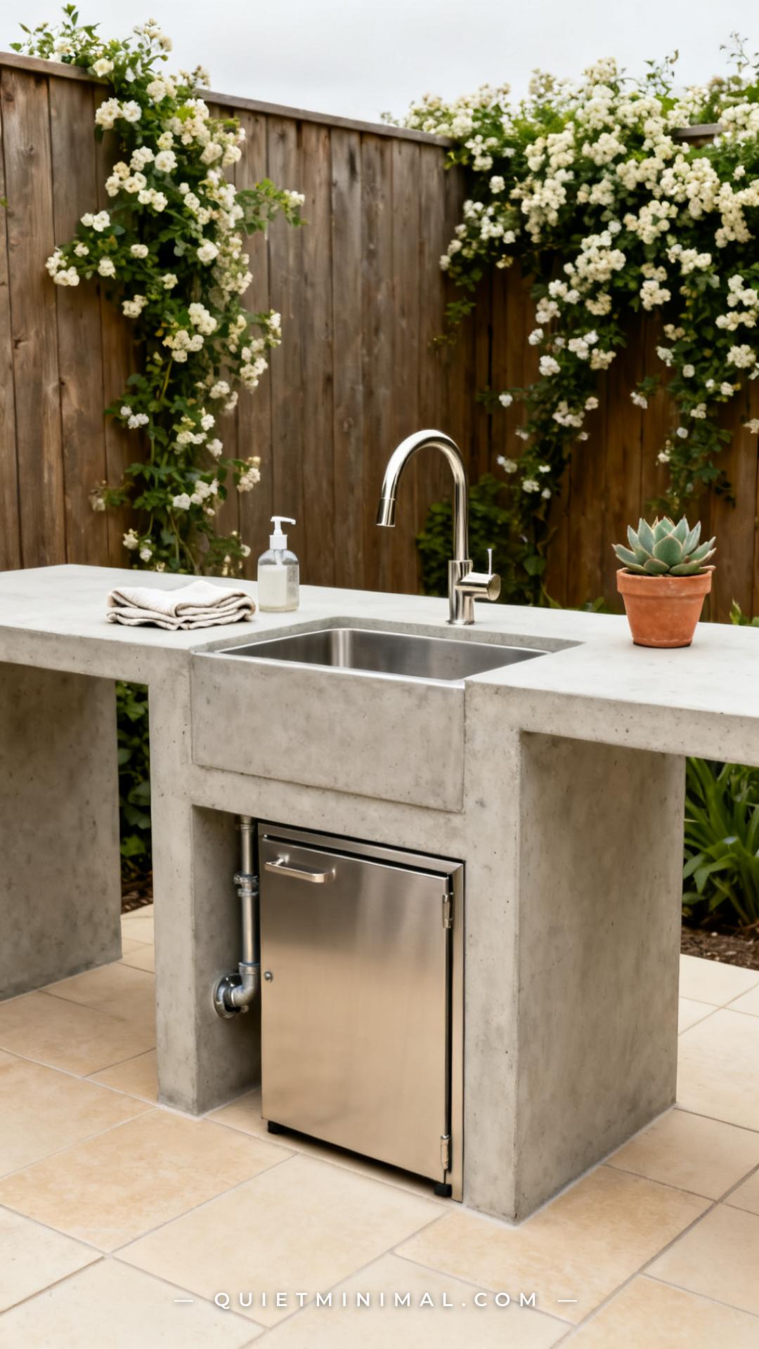 A wide vertical shot of an outdoor kitchen sink station integrated into a concrete-top island