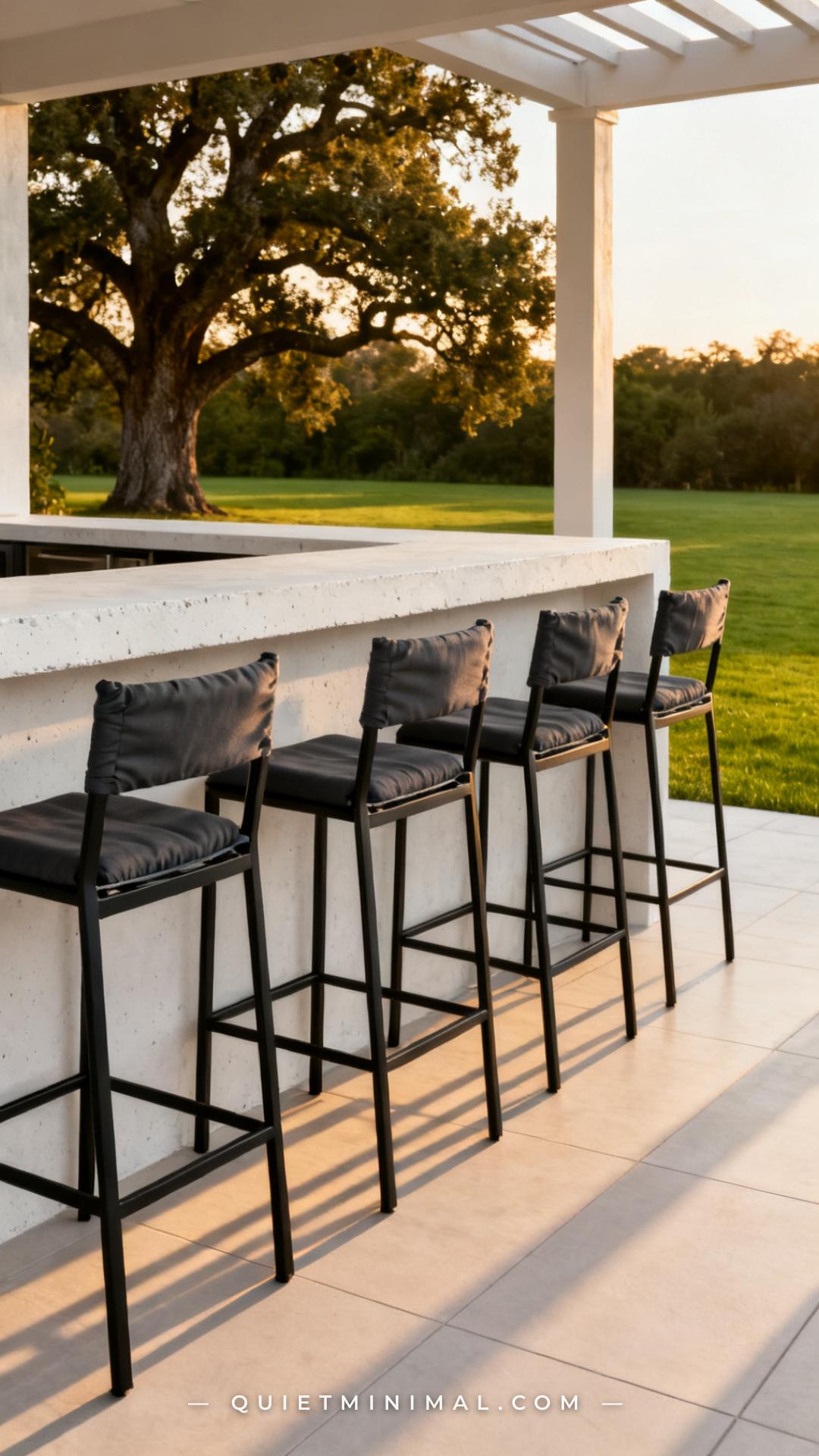 A wide establishing shot looking down the length of an outdoor island's seating side