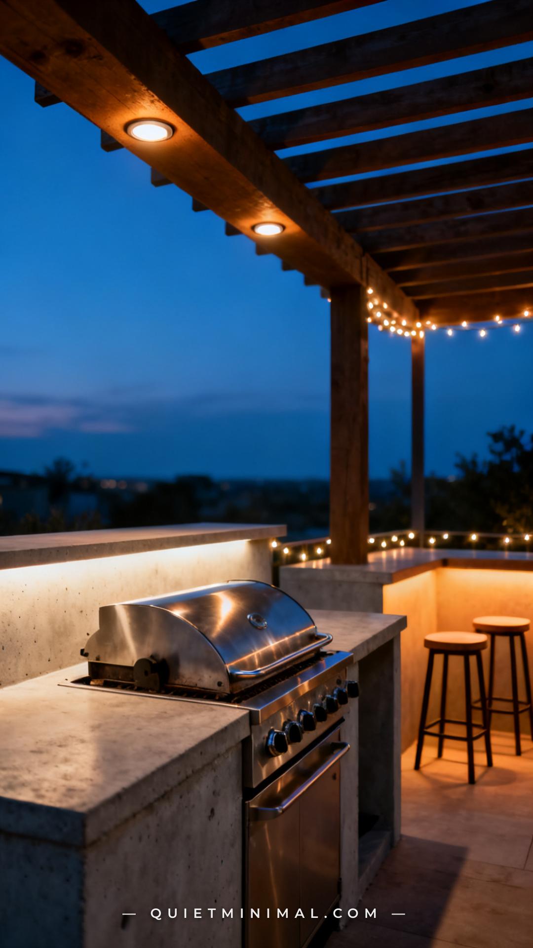 A wide vertical photograph of an outdoor kitchen cooking zone at dusk