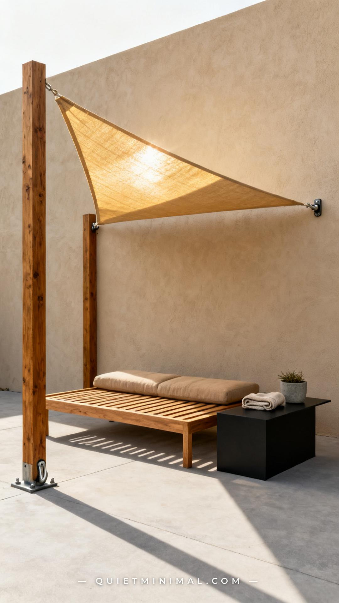 An establishing wide-angle shot of a compact backyard lounge shows a triangular shade sail tensioned between two wooden