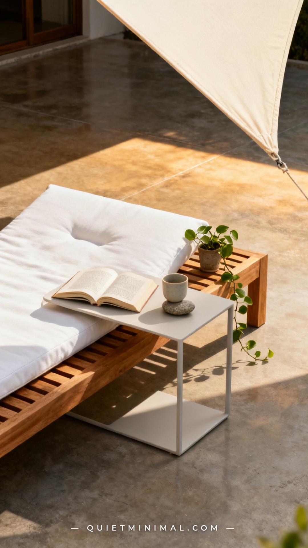 A wide medium shot captures a patio lounge scene where a low slatted teak daybed with a plush white Sunbrella cushion si