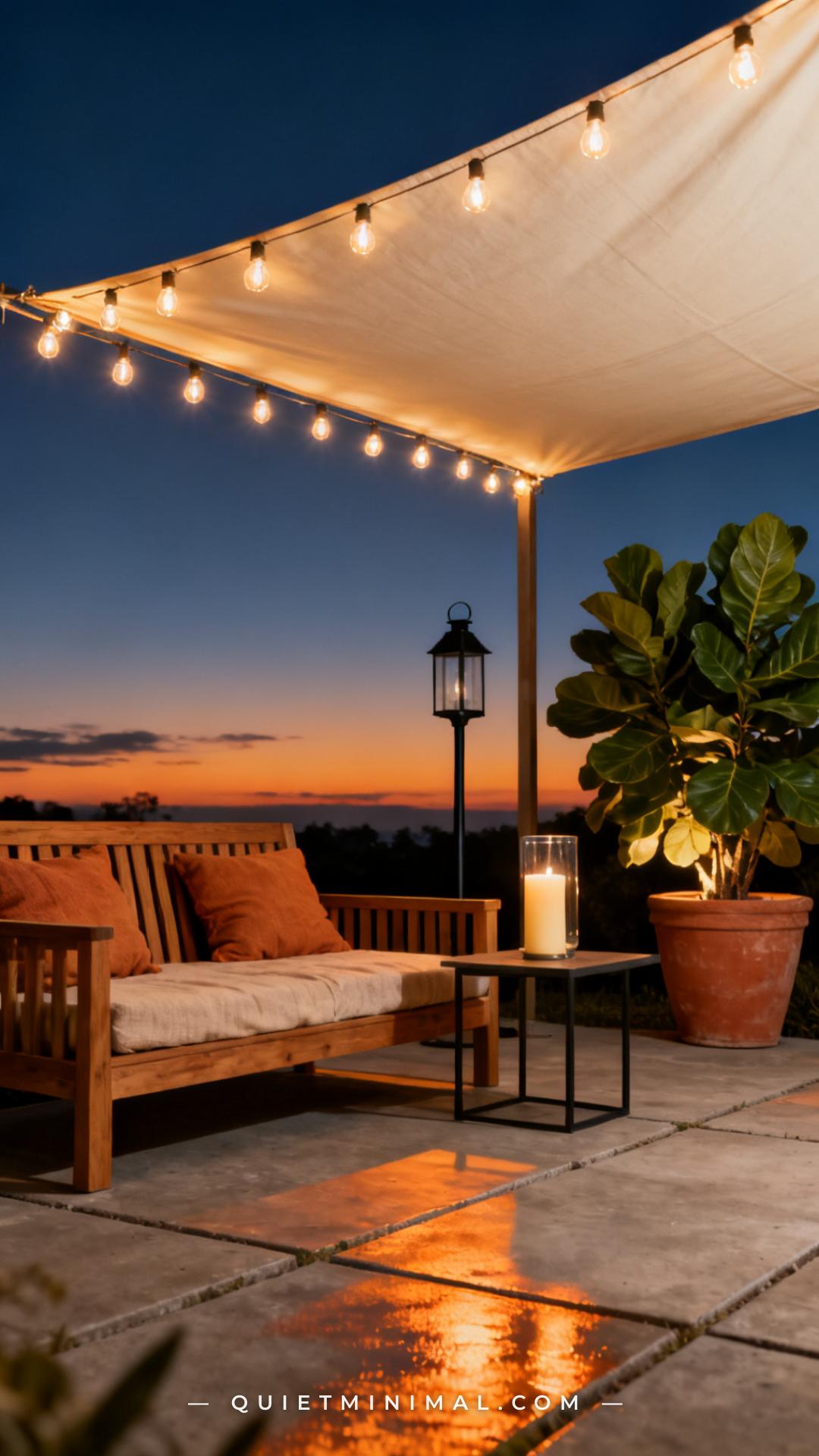 An establishing wide shot captures an outdoor lounge at dusk — the sky behind the fence line is a deep indigo fading to
