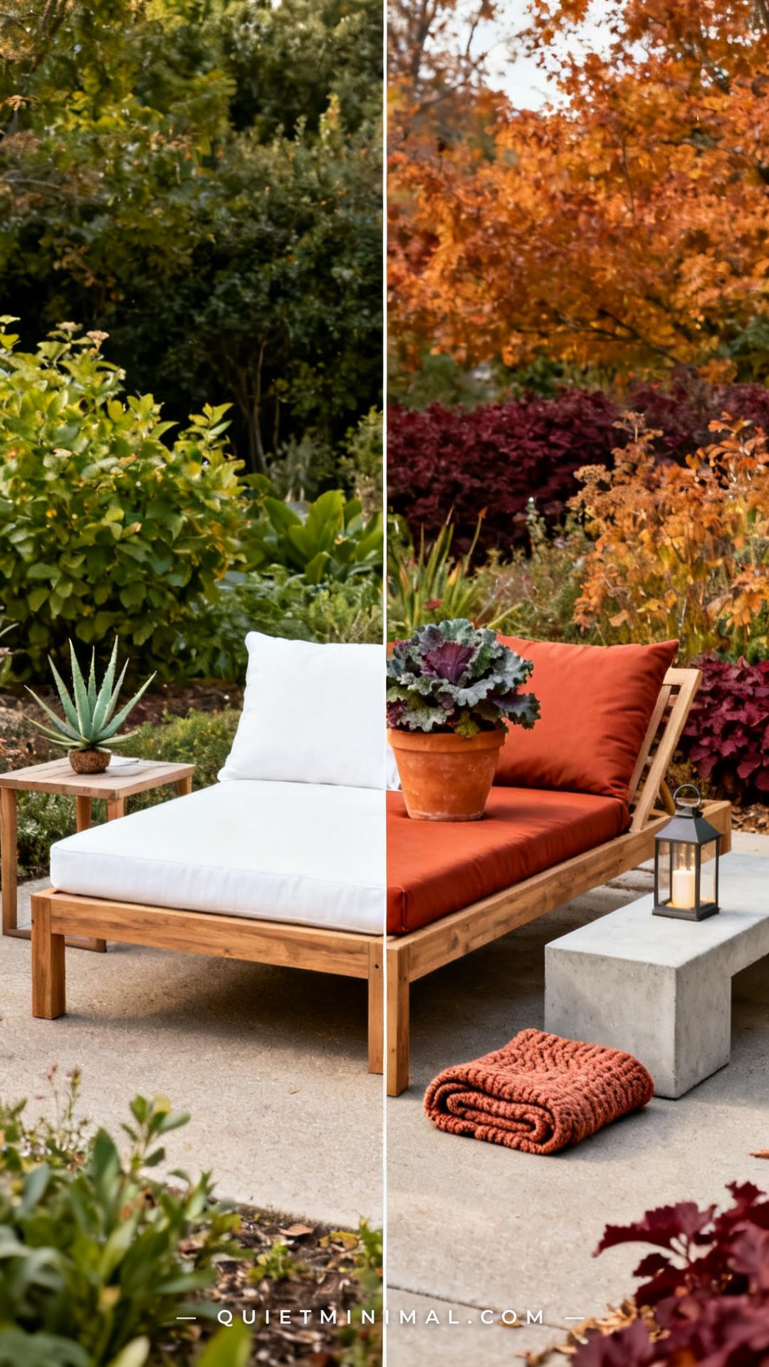 A wide vertical photograph shows an outdoor lounge set up in two seasonal configurations side by side