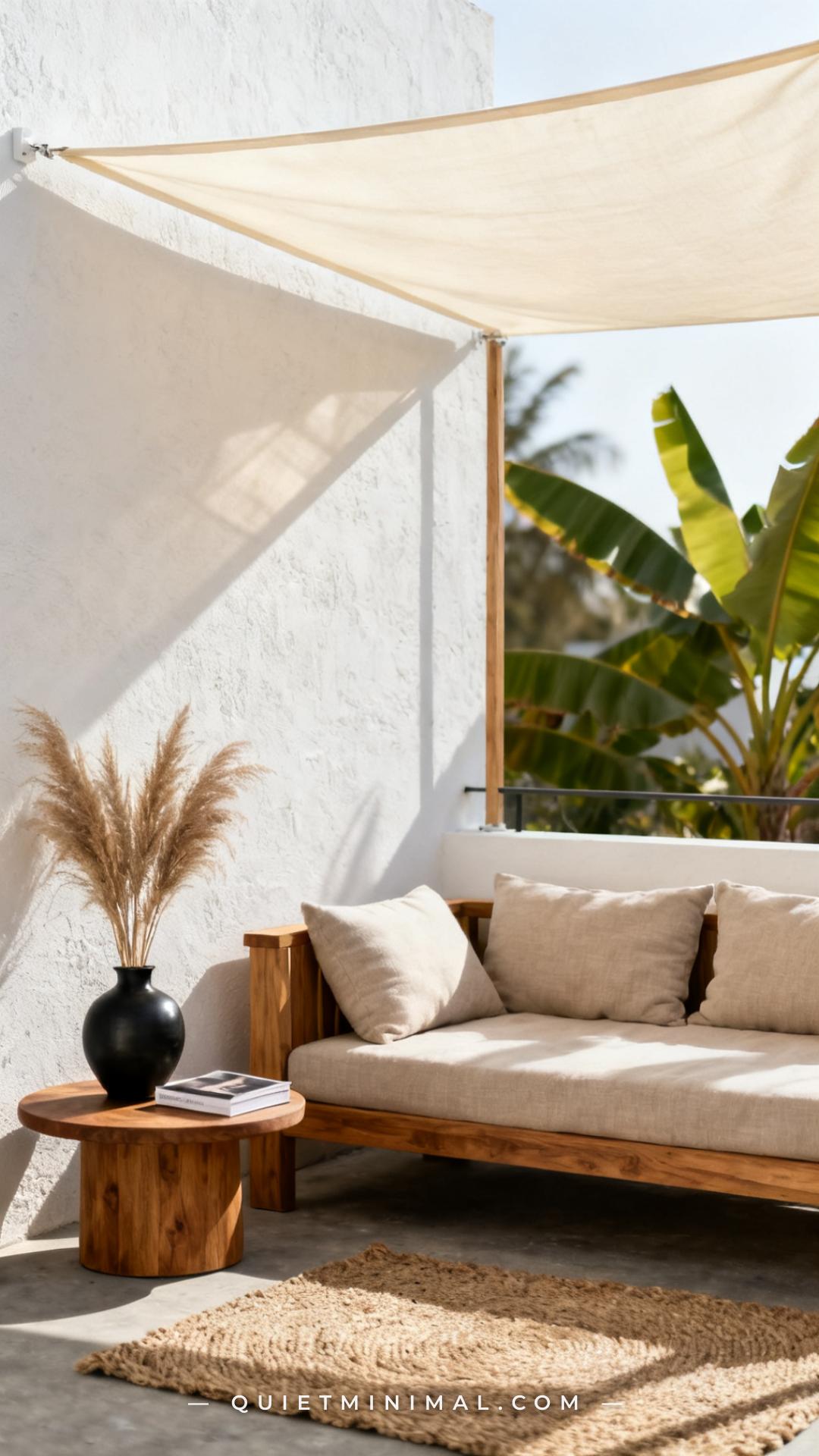 A medium-wide vertical photograph of a shaded patio lounge area shows a natural teak daybed frame with plump linen-cover