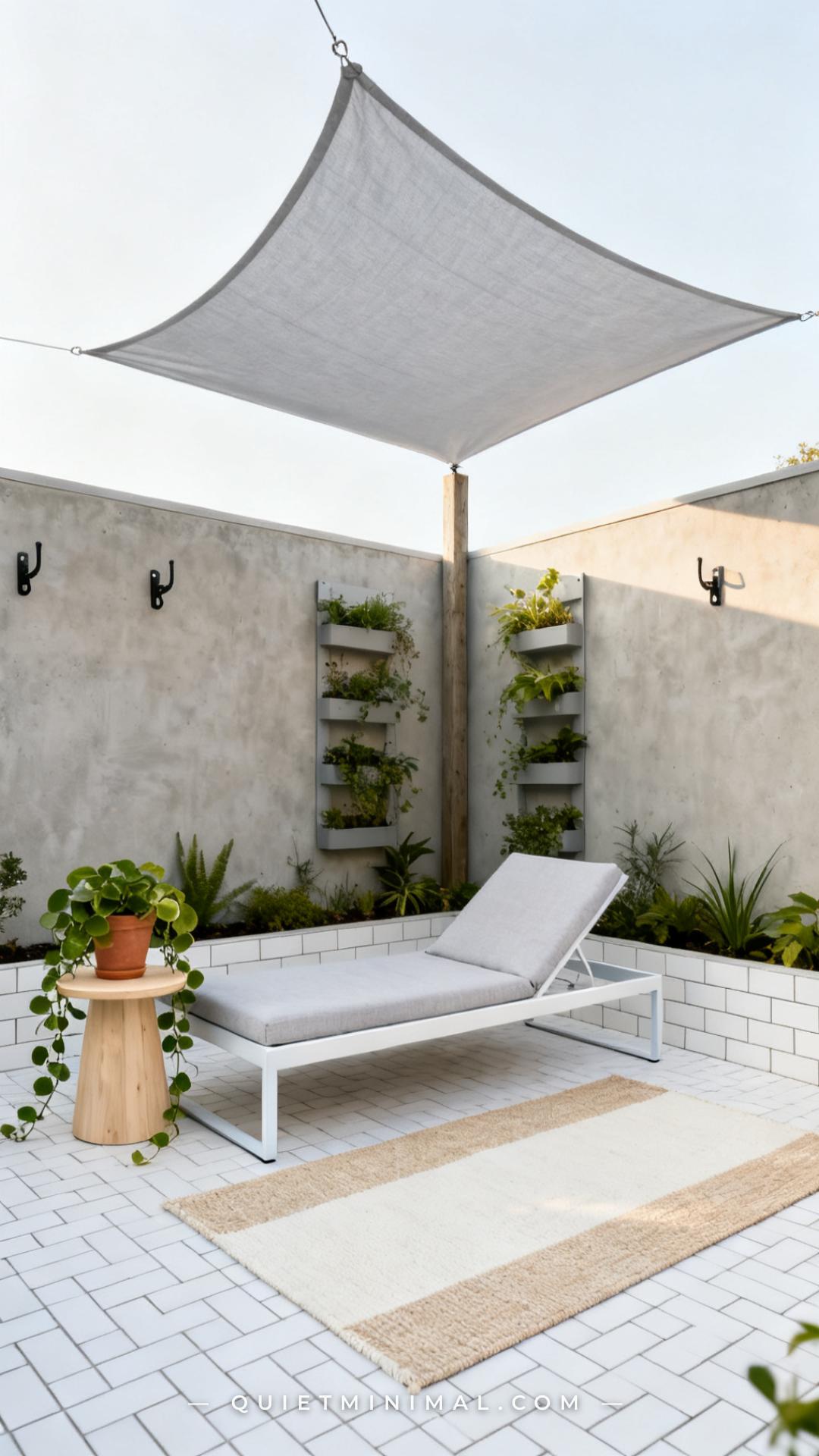 A wide shot captures a small square concrete patio — approximately 10 by 10 feet — transformed into a full outdoor loung