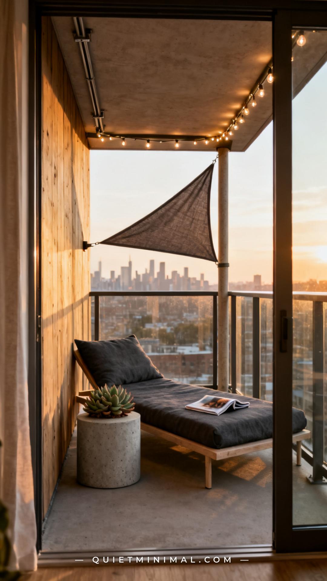 A vertical wide-angle photograph looks out from a narrow urban apartment balcony — approximately 6 feet deep by 10 feet