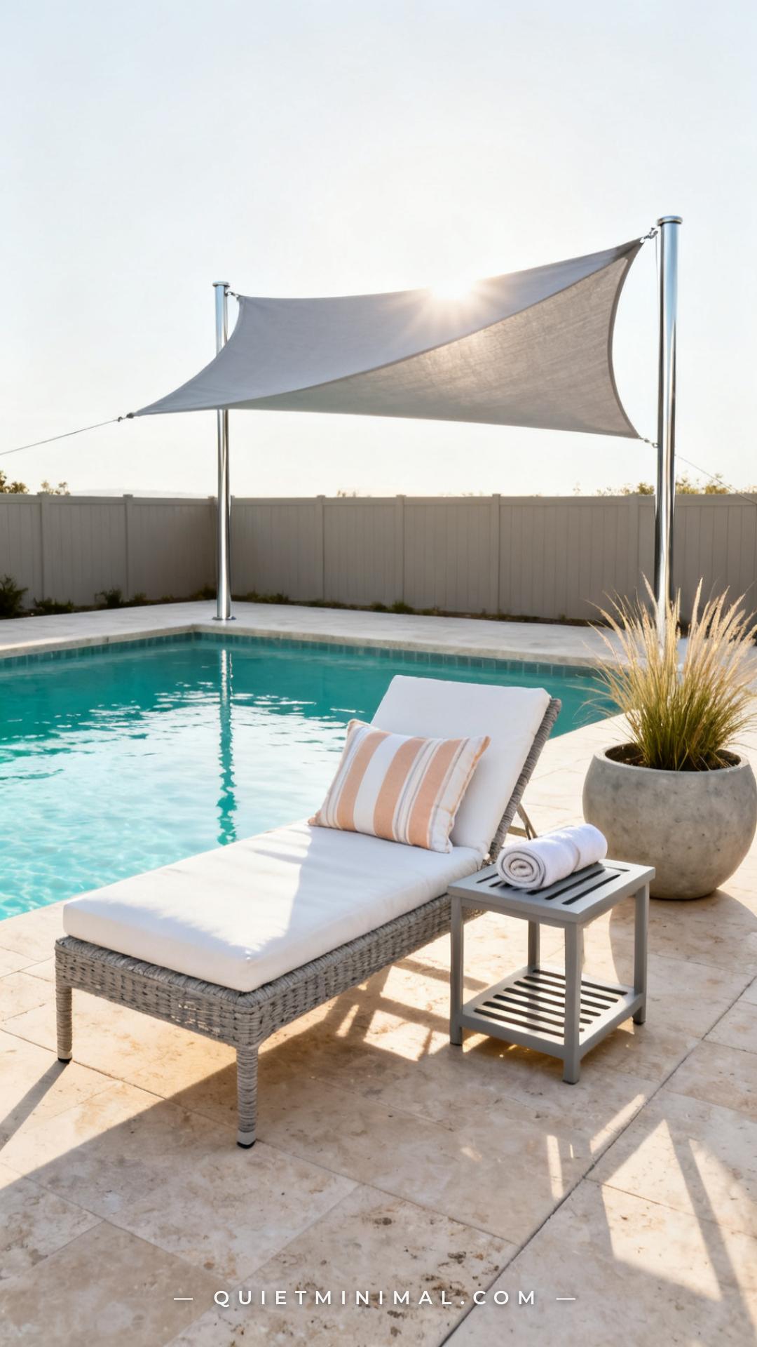 An establishing wide shot captures a poolside outdoor lounge zone set two feet back from a rectangular pool's edge