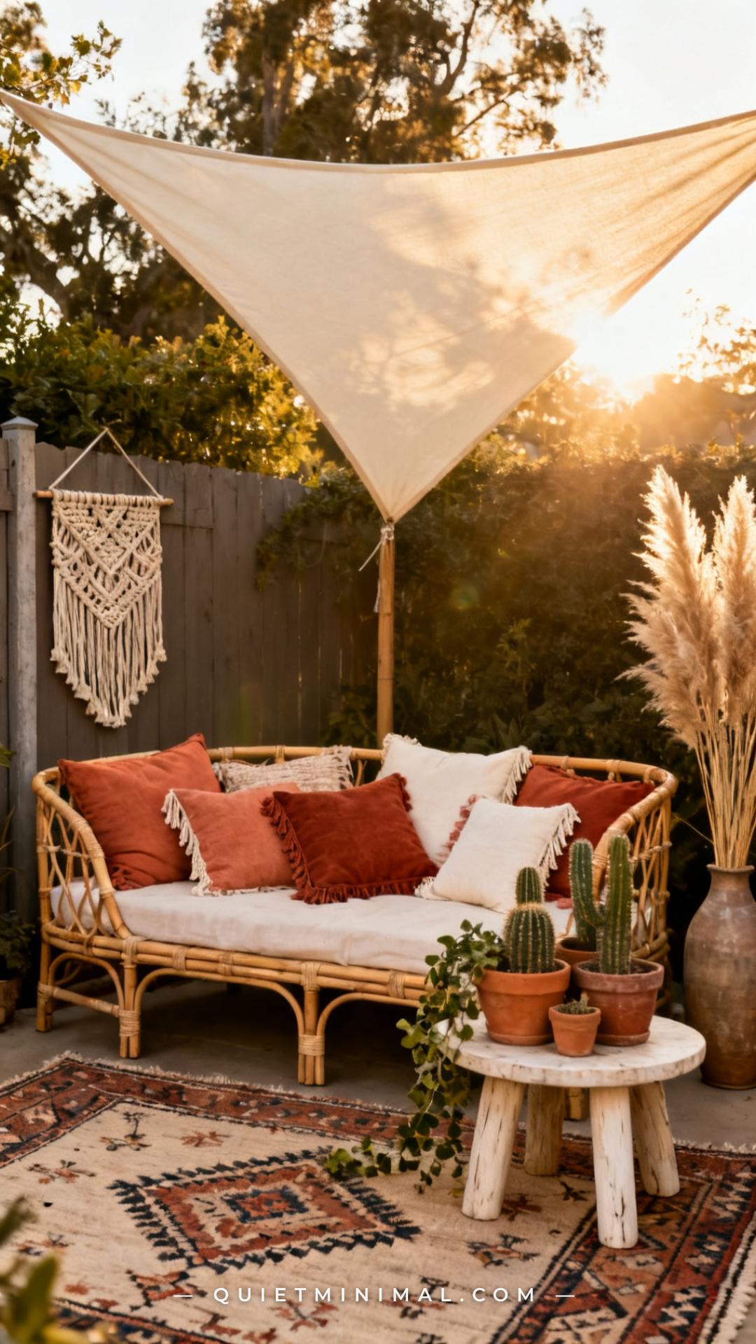 A wide vertical shot captures an outdoor lounge corner styled in a layered boho-eclectic aesthetic