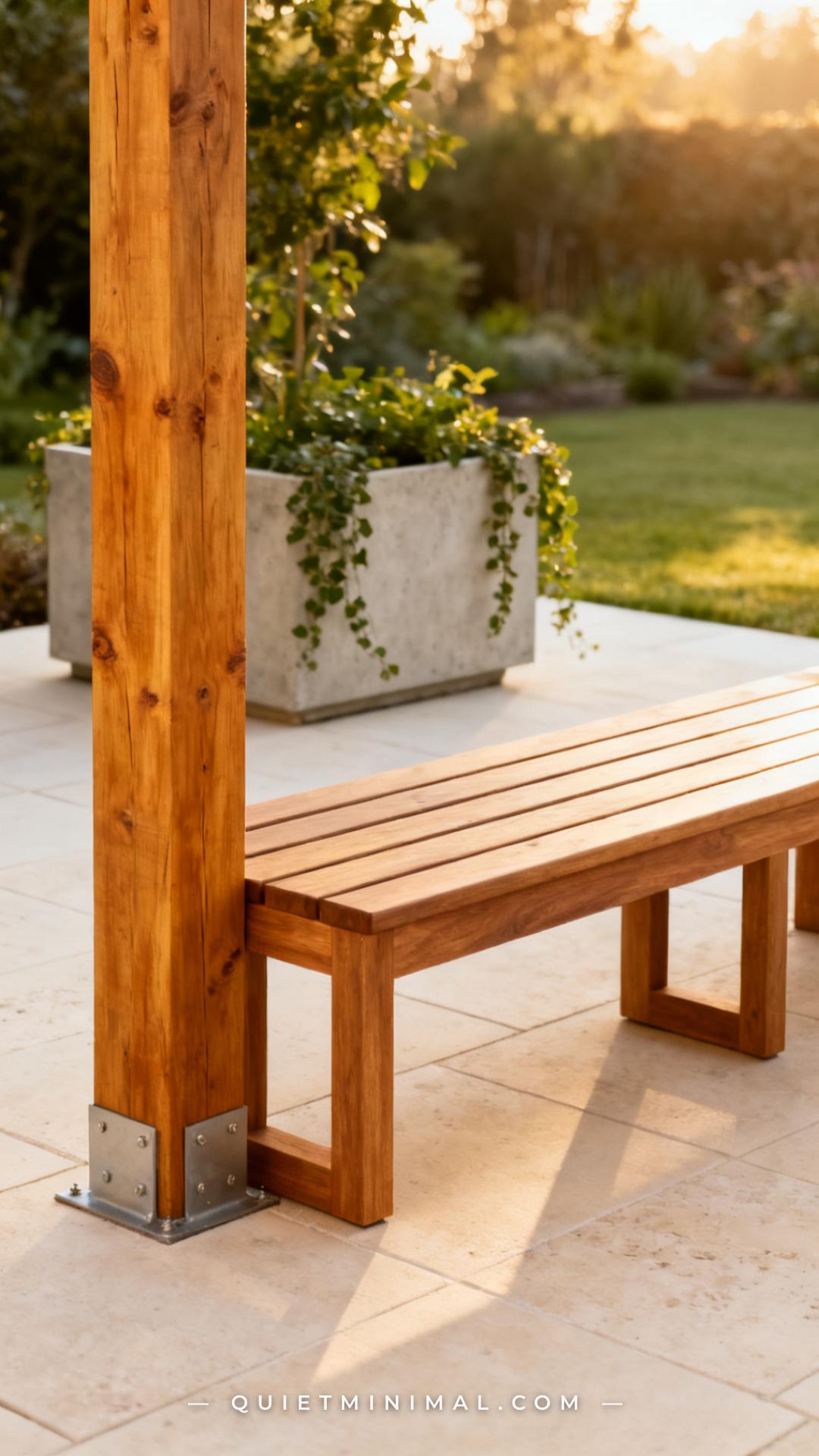 A medium-wide photograph of a patio corner showing the intersection of a pergola post and an outdoor sectional frame in