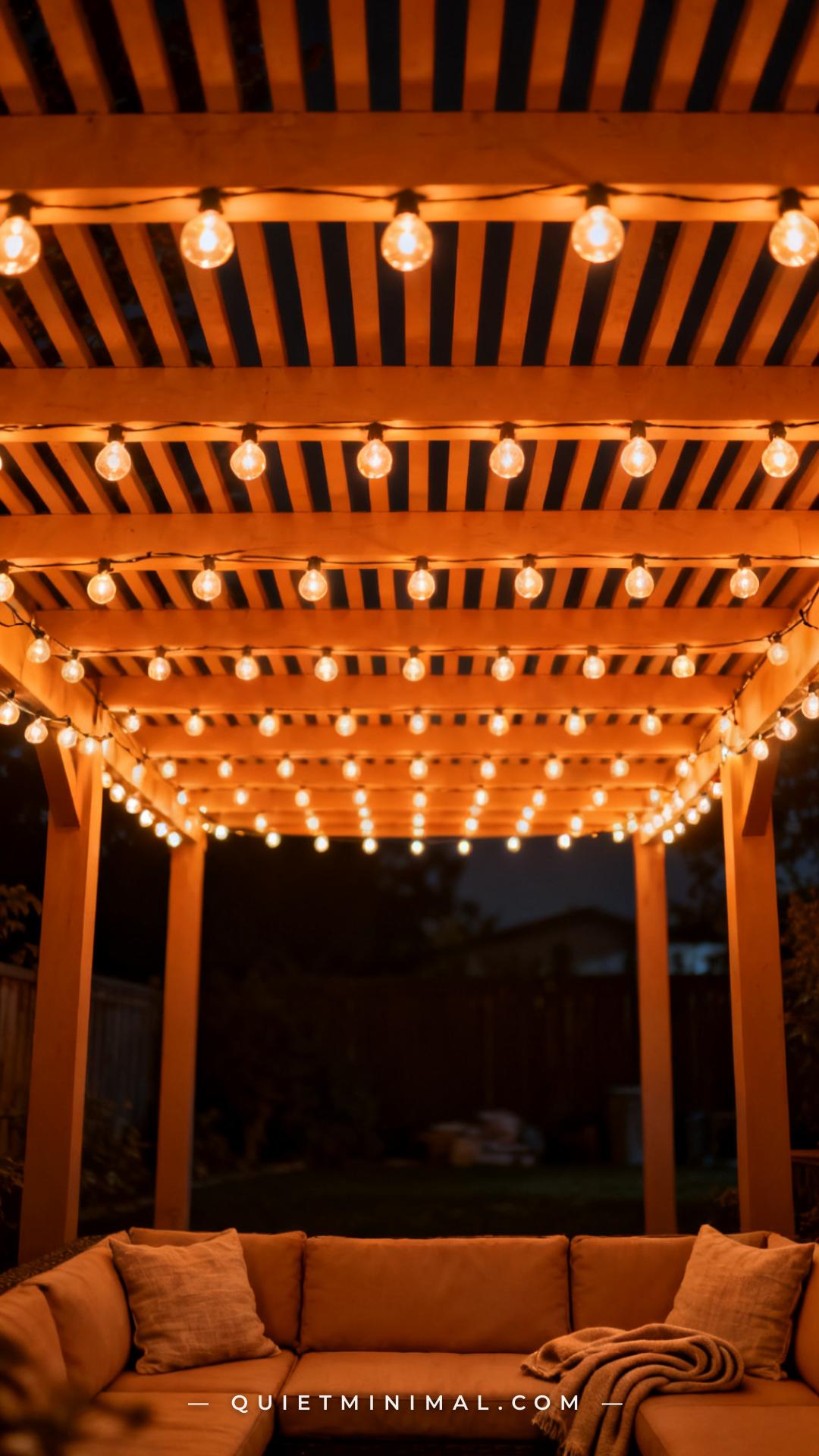 A vertical wide-angle photograph looking up at a pergola ceiling from below