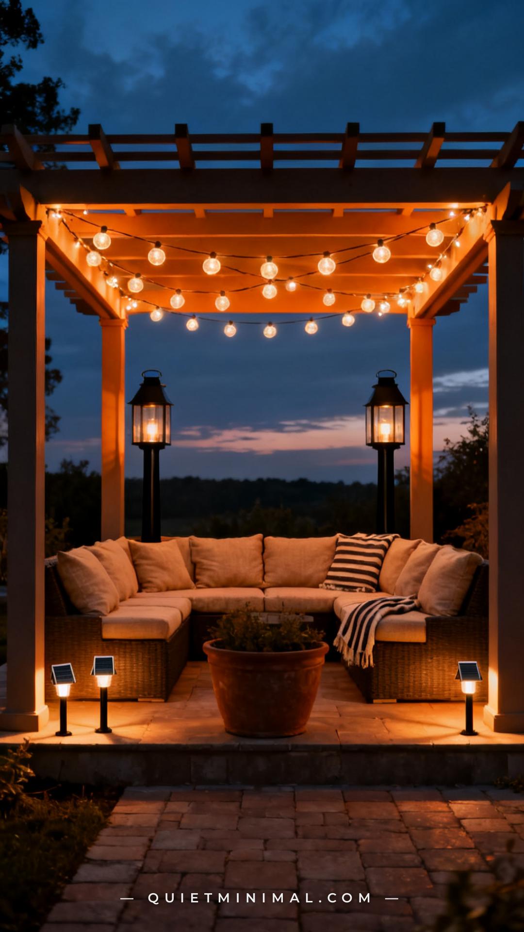 A wide vertical photograph captures the full scene of a pergola patio at dusk