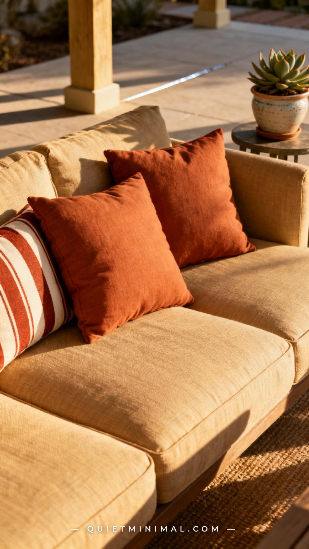 A medium-wide photograph of an outdoor sectional's cushion arrangement in a close editorial framing that still shows the