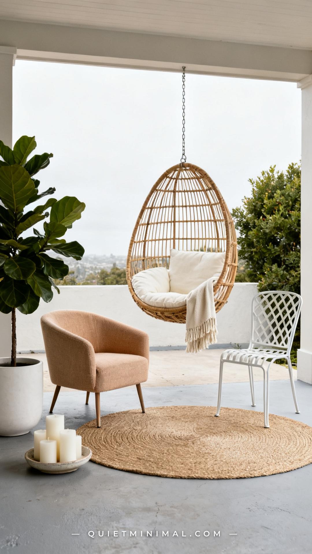 A vertical photograph captures a full covered patio seating area anchored by a hanging rattan egg chair suspended from a