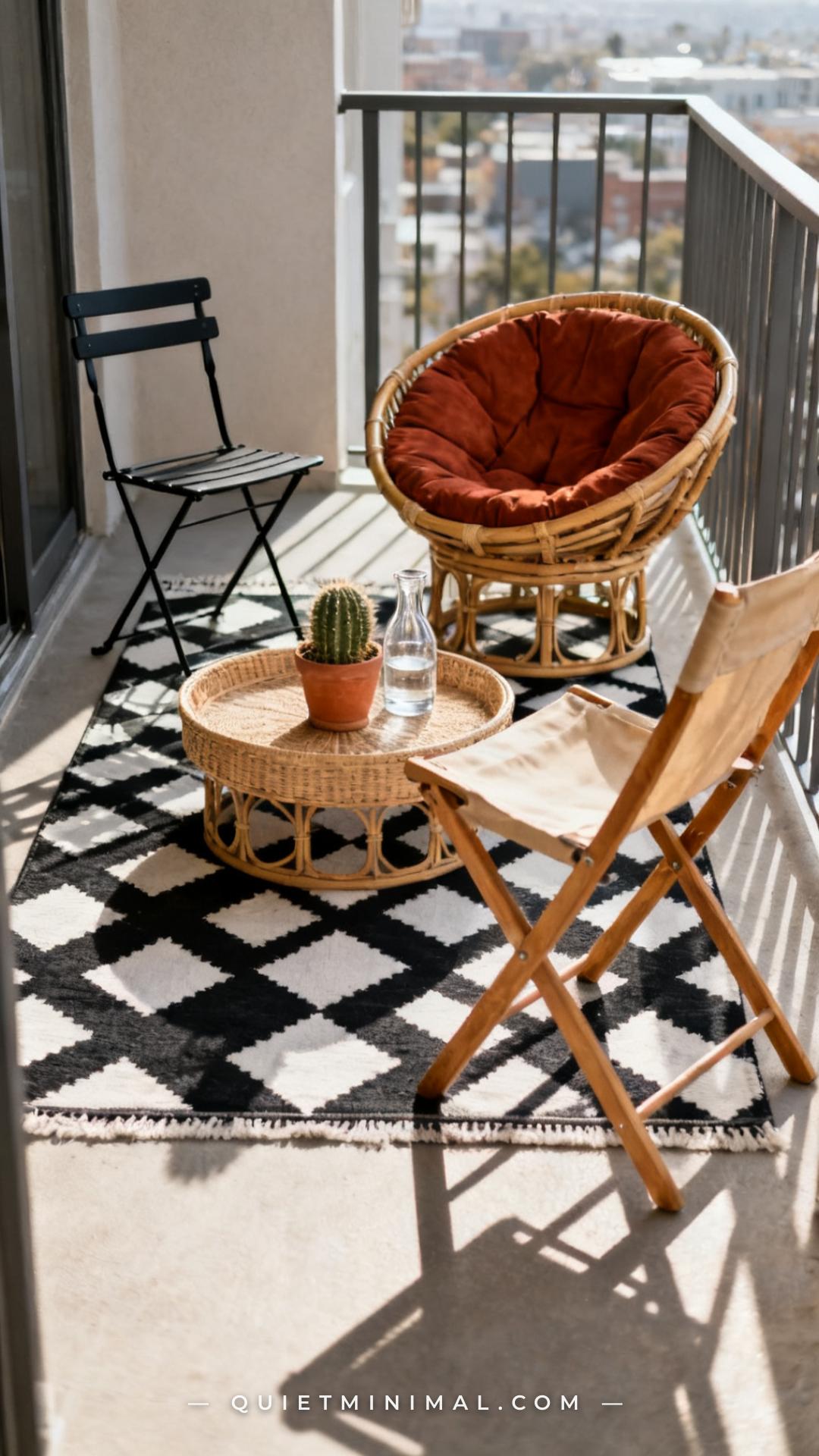 A wide establishing shot captures a full apartment balcony seating area where three visually distinct chairs — a folding