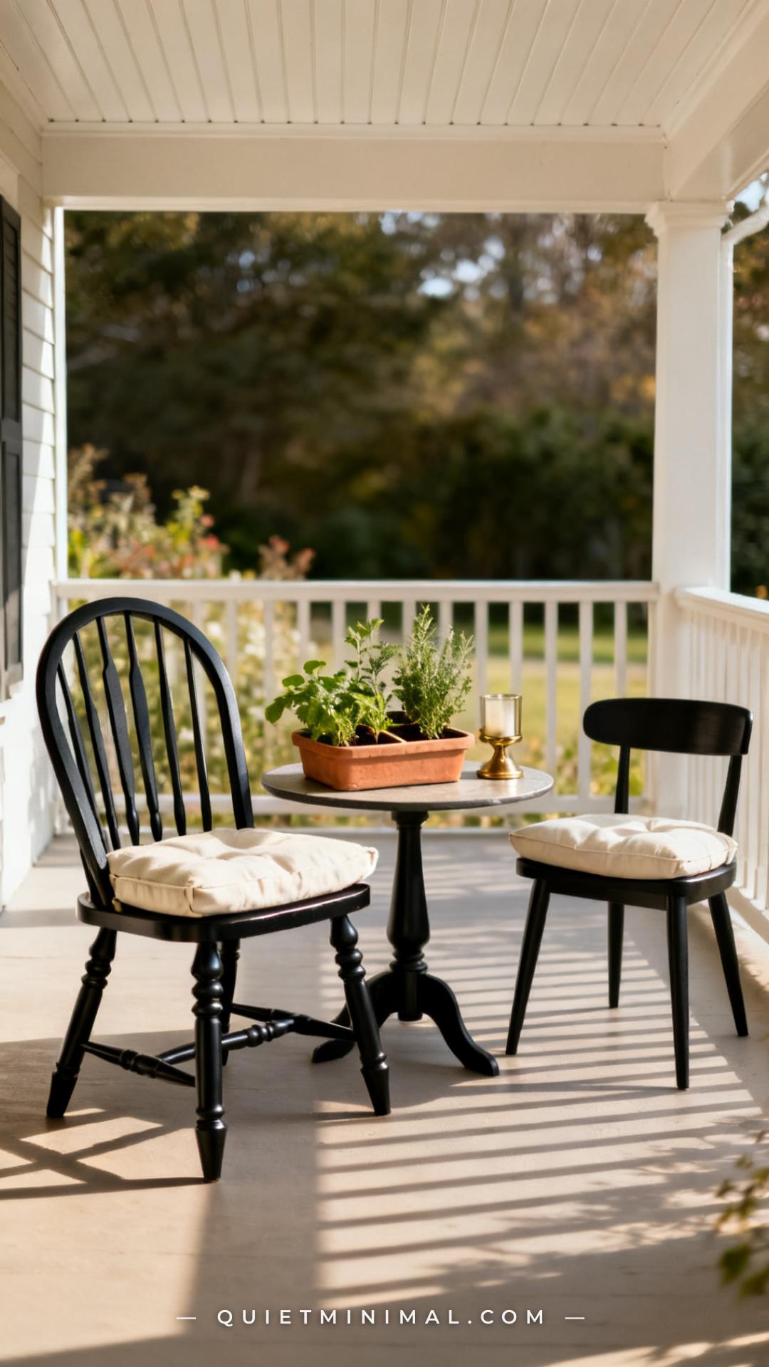 A vertical photograph captures a full back porch scene where two mismatched indoor-style wooden chairs — one a classic W
