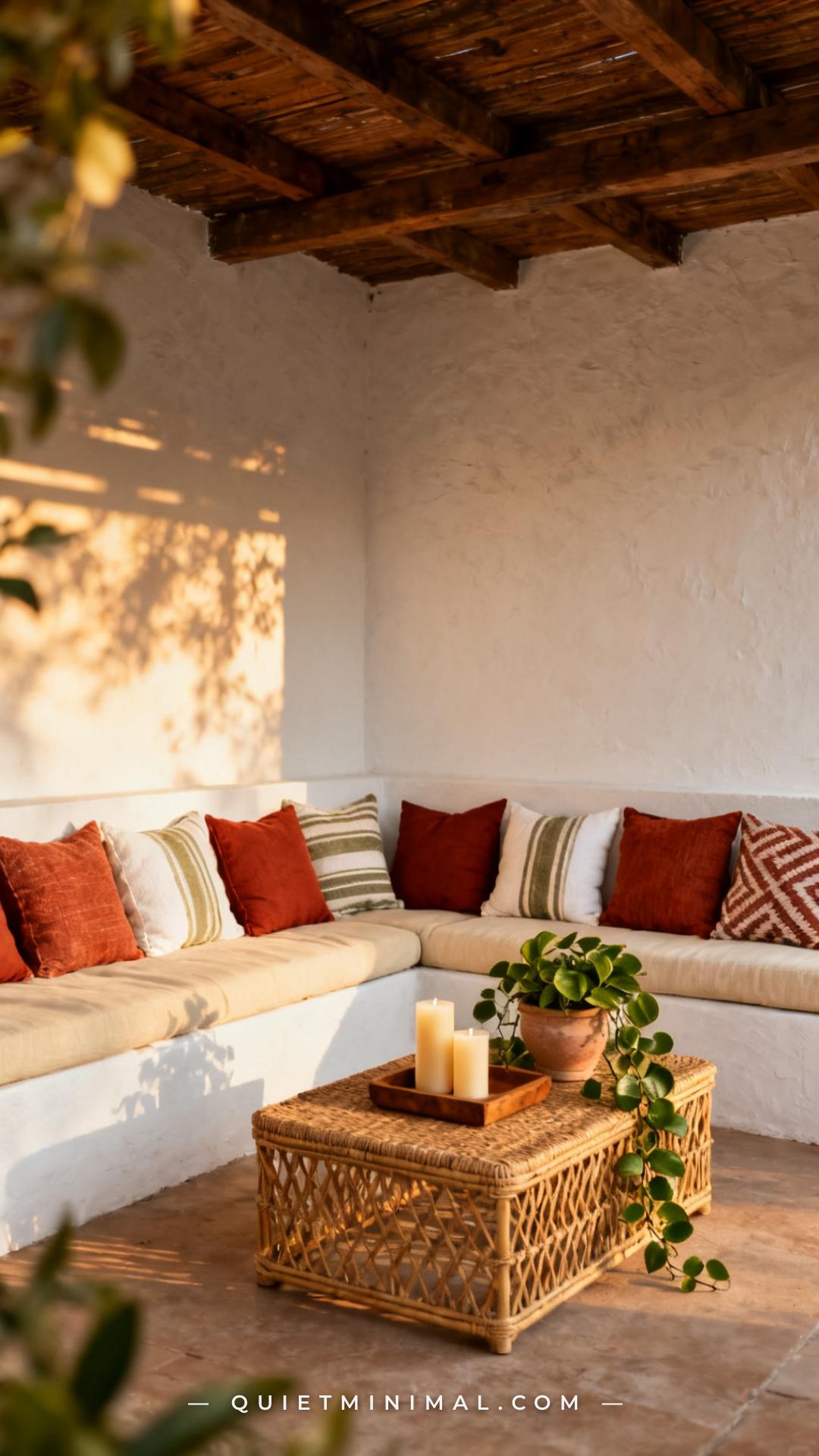 A medium-wide photograph shows a full wall-mounted outdoor bench built into a corner of a covered patio