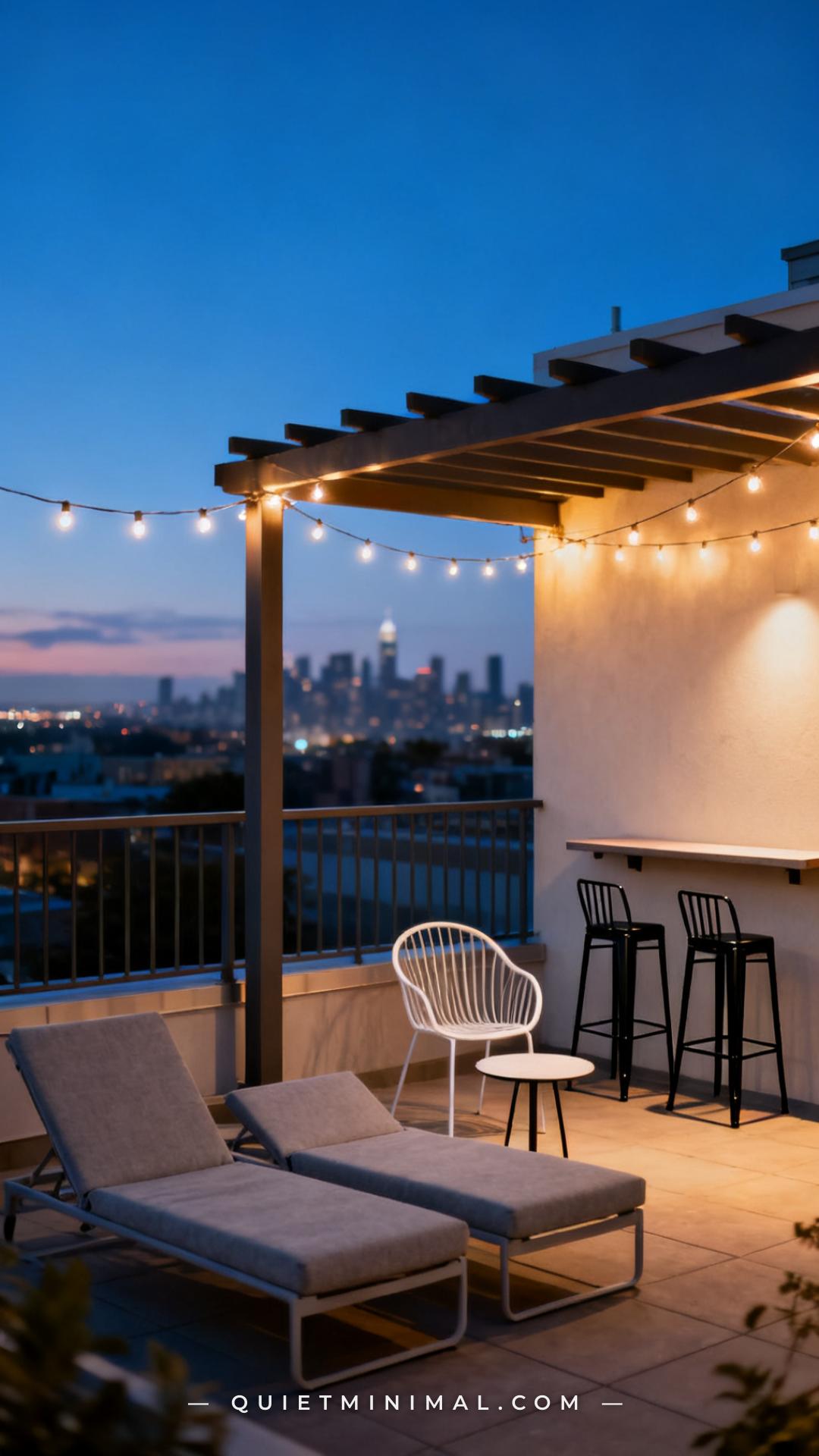A wide establishing shot of a rooftop terrace seating area with a deliberate three-height arrangement of seating