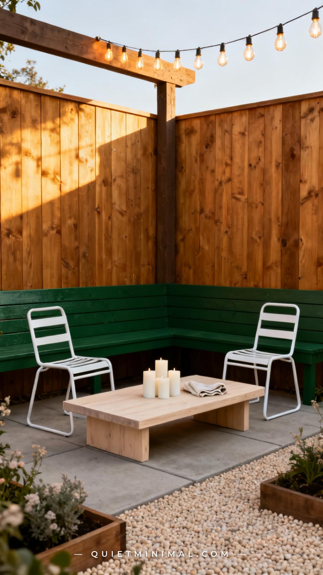 A medium-wide view of a backyard patio seating area showing a long wooden bench painted in a deep forest green as the vi