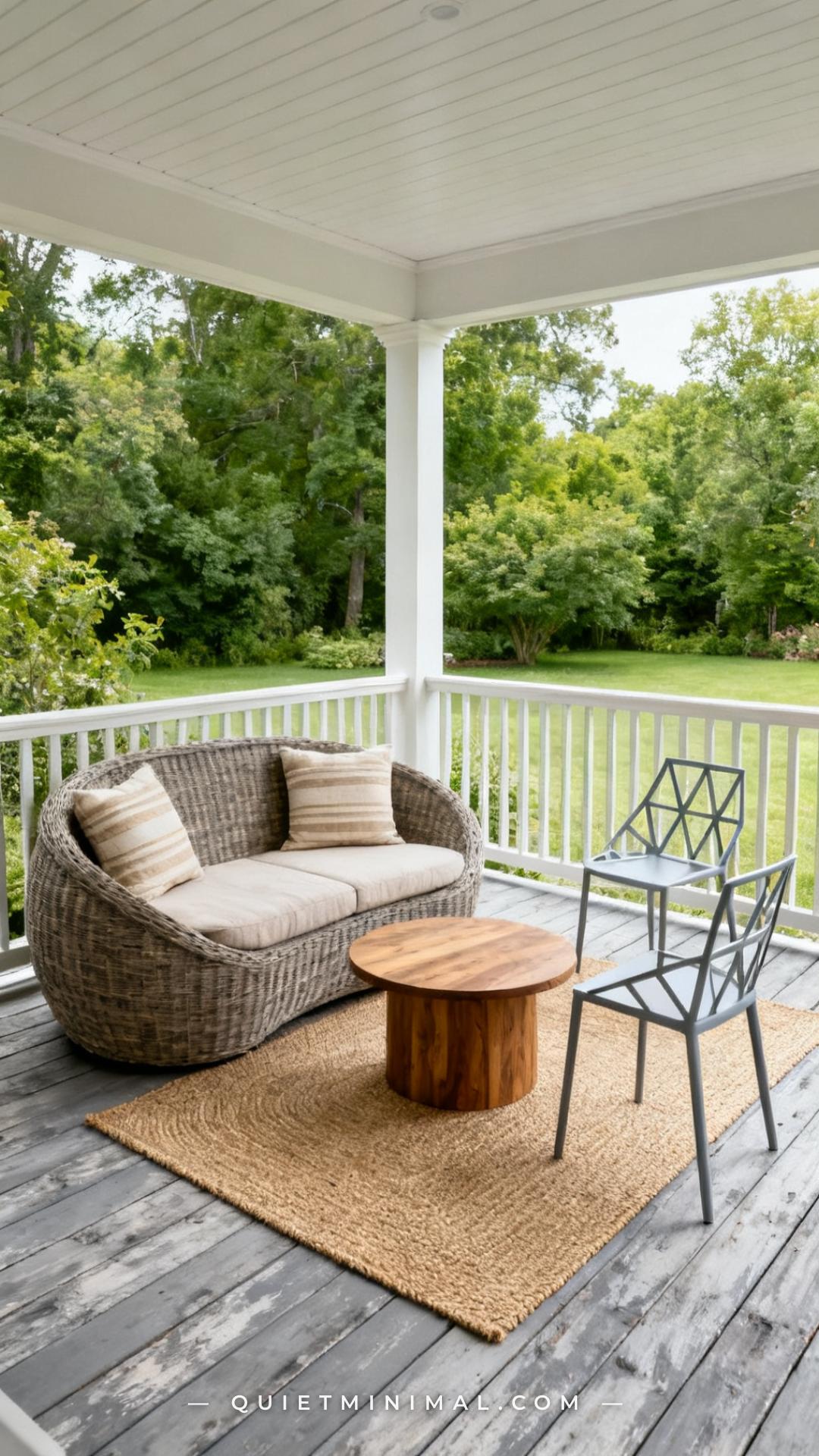 A vertical photograph captures a full corner of a covered outdoor porch with a rounded all-weather wicker loveseat on on