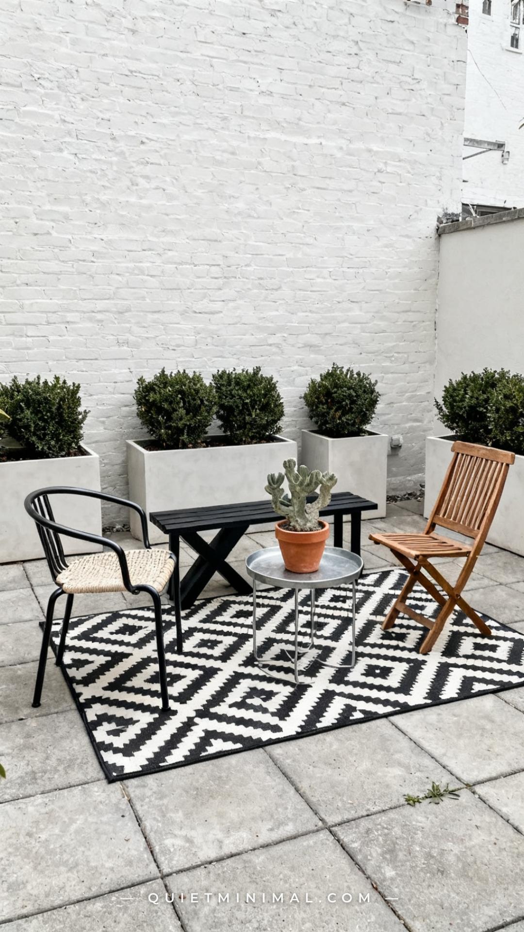 A wide-angle view of a small urban backyard patio showing a matte black X-frame wooden bench positioned between two mism
