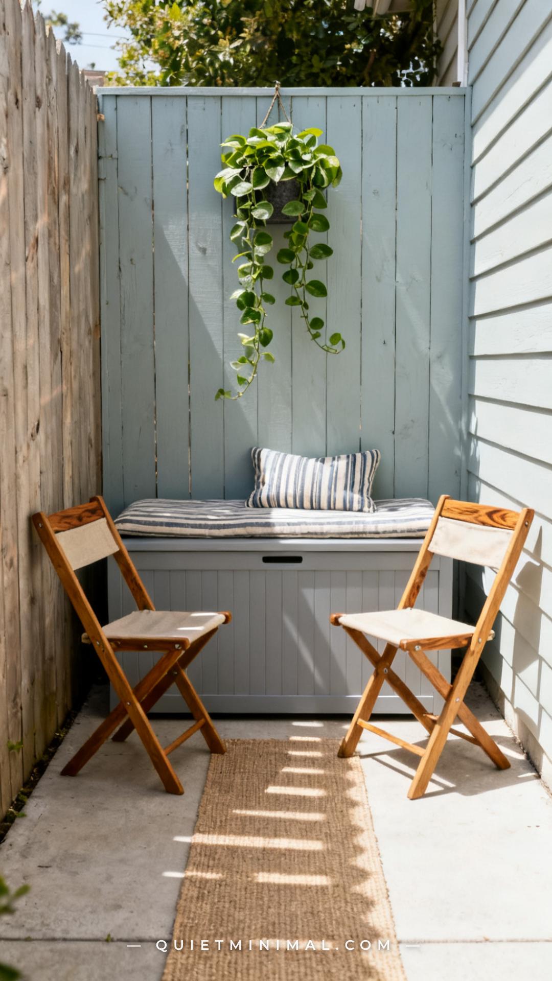 A vertical photograph captures the full view of a narrow side-yard patio with a light gray outdoor storage bench against