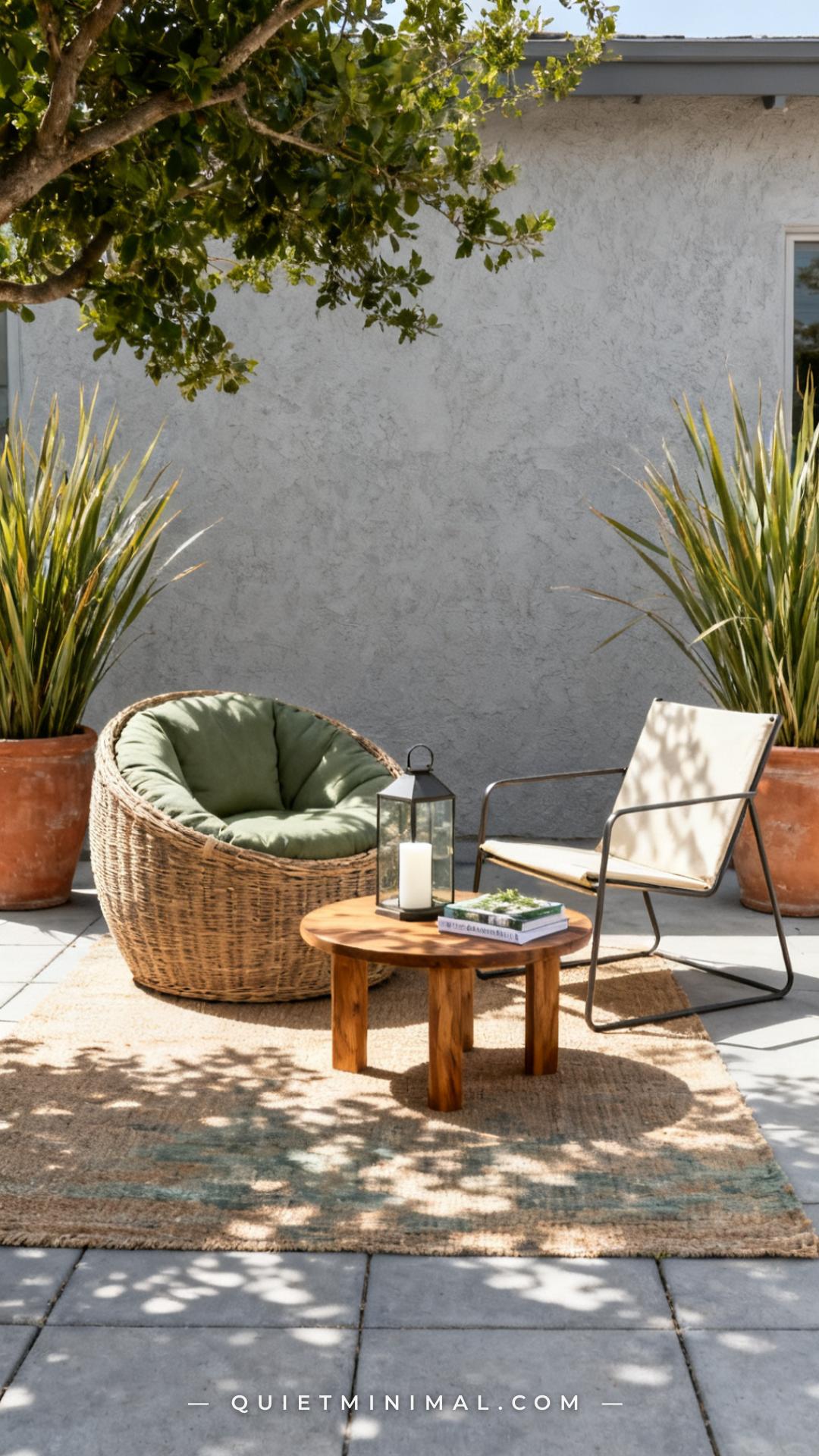 A medium-wide outdoor patio scene showing two visually distinct chairs — one a rounded papasan-style wicker bucket chair
