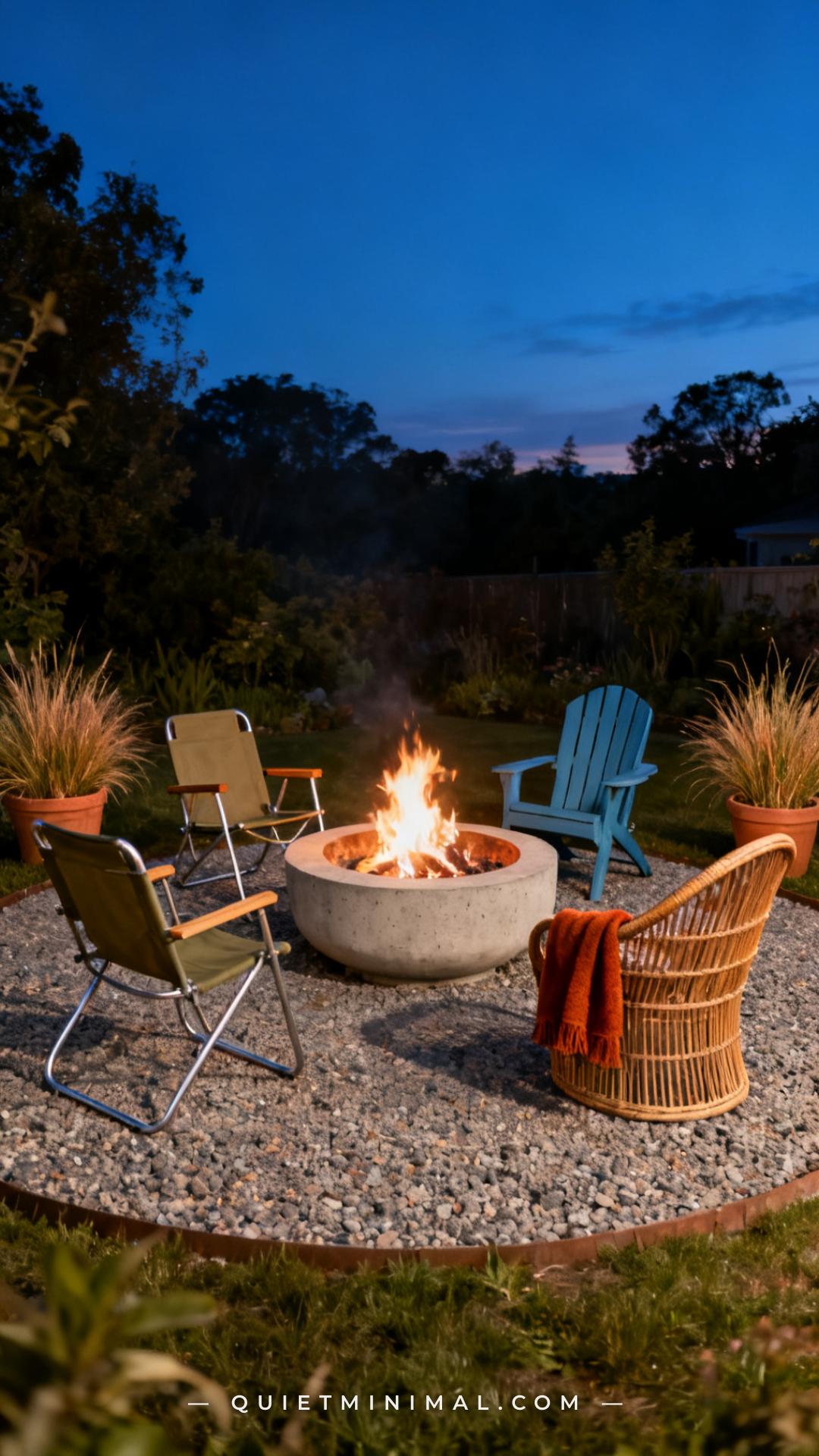An establishing wide-angle photograph shows a full circular fire pit seating area at dusk