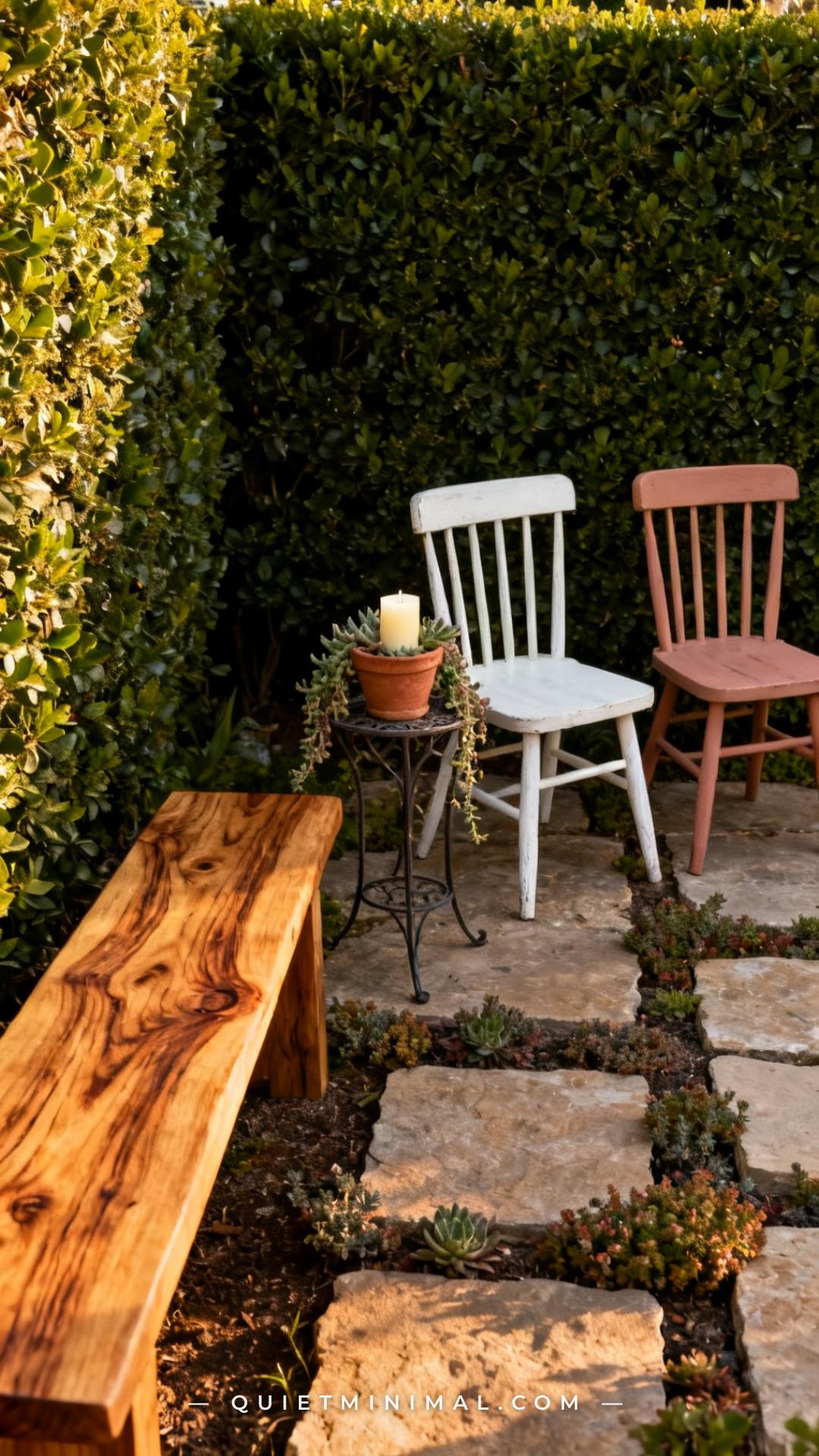 A vertical photograph captures a full garden seating vignette against a dense hedge backdrop