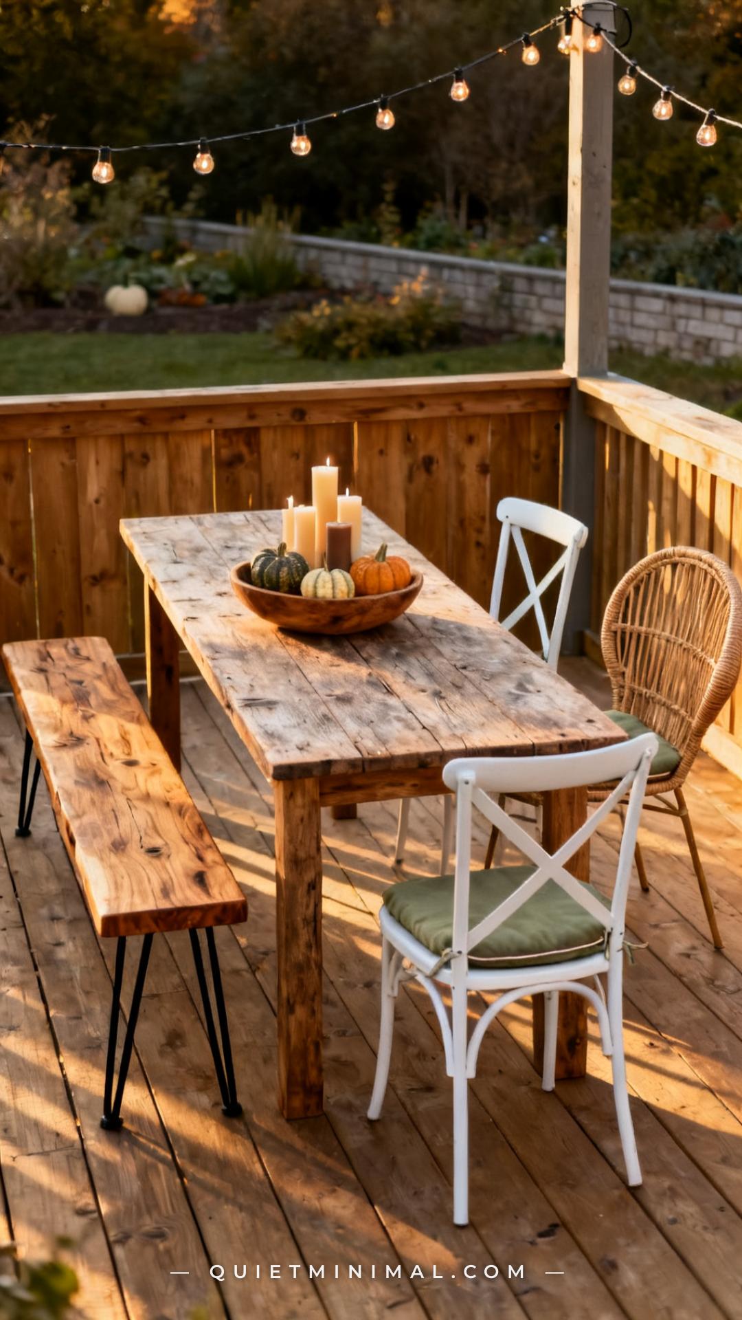 A wide establishing shot of a narrow outdoor dining setup on a wood deck