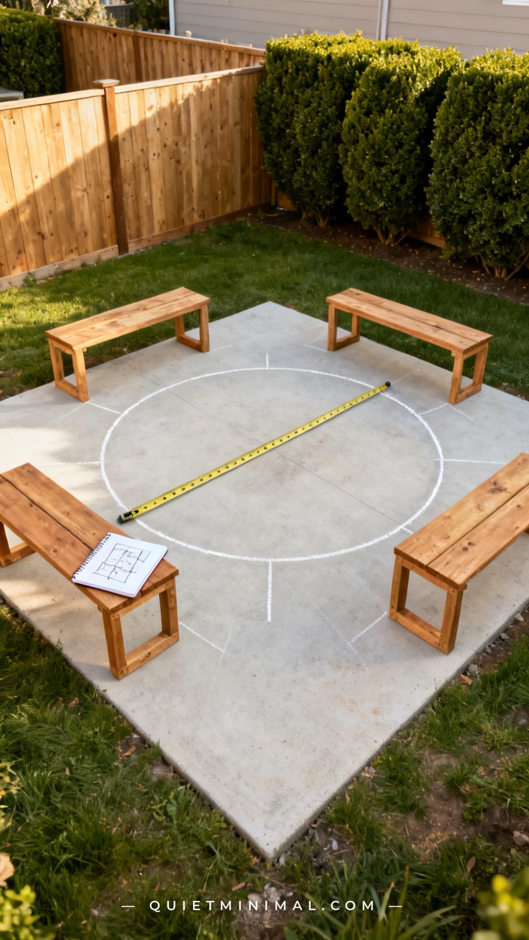 A wide-angle photograph of a backyard patio at the planning stage