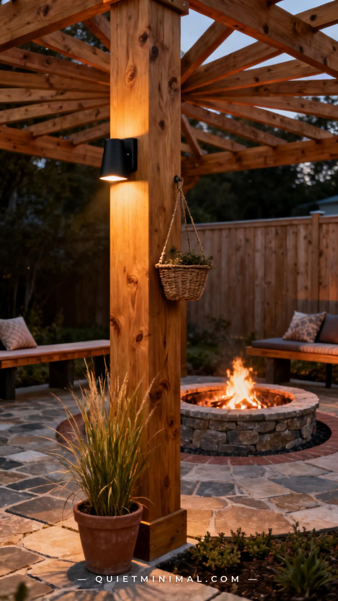 A wide photograph of a single freestanding pergola post in the foreground
