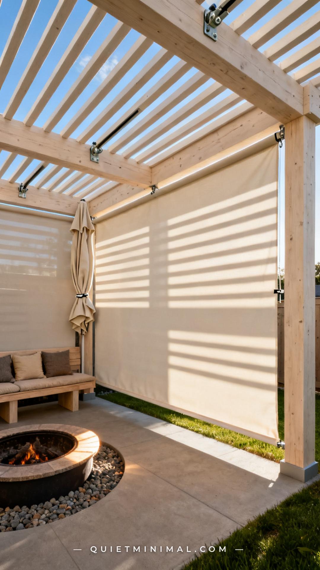 A wide-angle photograph of a pergola overhead looking up and slightly outward