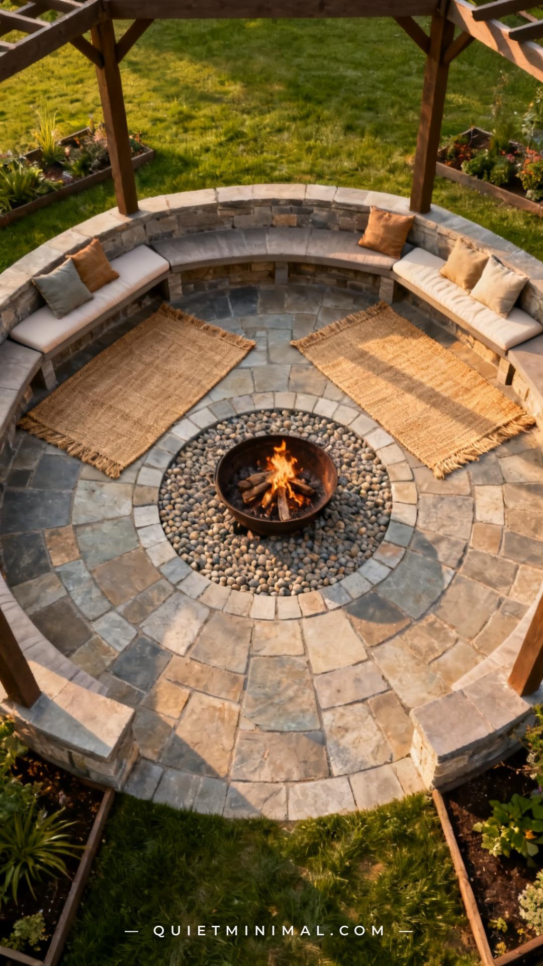 A vertical wide photograph of the full fire pit circle from above